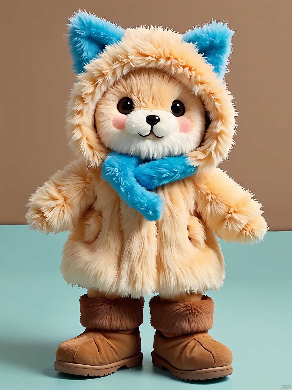 SDZT,Furry doll, plush style,solo,looking at viewer,personification,plush tenderloin,jellycat style,smile,simple background,closed mouth,standing,full body,boots,hood,black eyes,coat,fur trim,no humans,blue background,brown footwear,outstretched arms,hood up,mittens,fur-trimmed hood,the whole presents a cute and lovely style,solid dark background,