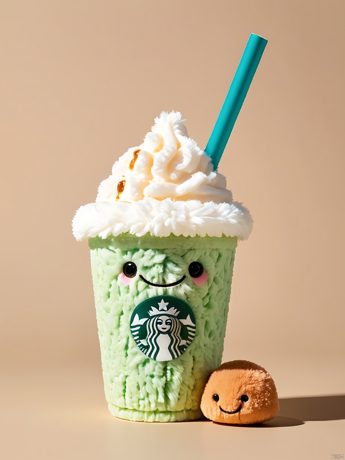 SDZT, A doll,plush style,solo,looking at viewer,personification,jellycat style,smile,simple background,sitting,food,cup,no humans,shadow,blue background,drinking straw,ice cream,food focus,the whole presents a cute and lovely style,solid dark background,1 cup starbucks matcha frappucinol milk tea,