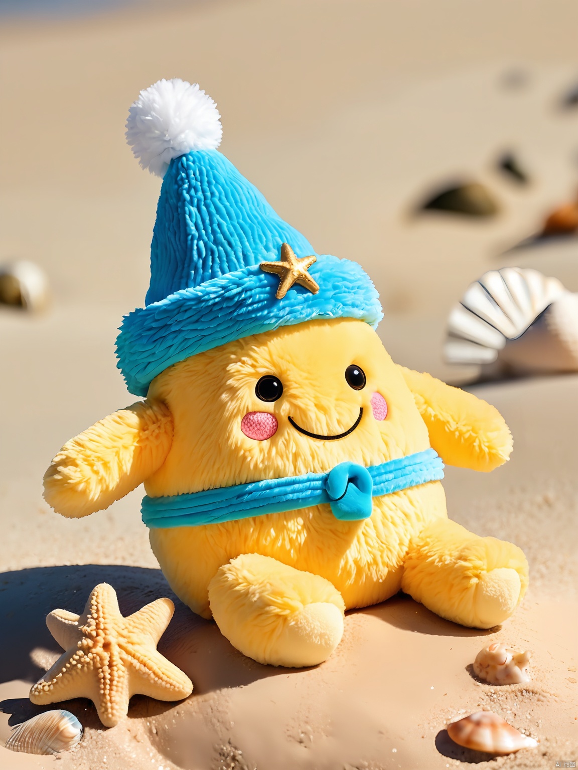 SDZT, Patrick Star, a beloved character from Bikini Bottom, is depicted in a whimsical plush style. Soft, rounded features and a gentle smile adorn his cheerful face. A bright blue hat with a golden anchor rests atop his head, adding to his endearing charm. The plush figure sits on a textured, sandy beach, surrounded by seashells and oceanic elements. Golden lighting illuminates the scene, casting a warm glow on Patrick's plush body.