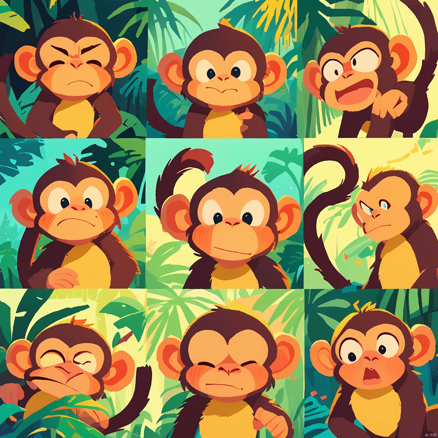 DWBQ,Cartoon illustration of a monkey with golden fur and a mischievous grin, showing a variety of facial reactions in a 3x3 grid. Each emotion is unique, encompassing playful, annoyed, thoughtful, and amazed. The monkey's tail is curled in various ways. The background is a jungle green. The art style is playful and energetic, with expressive details and vivid colors.