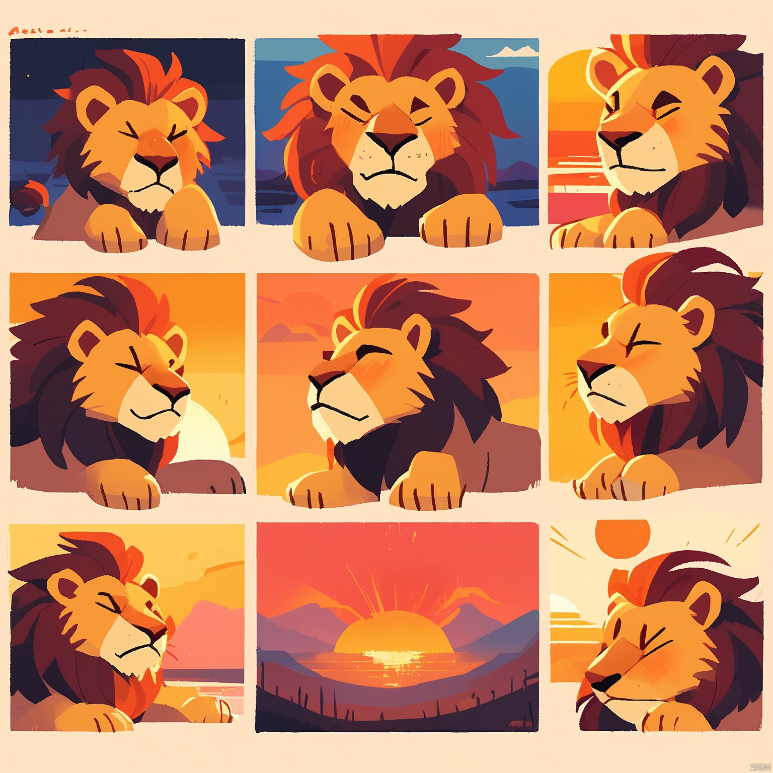 DWBQ,Cartoon-style drawing of a lion with a mane and regal posture, displaying a spectrum of facial expressions in a 3x3 format. Each look is distinctive, including regal, curious, playful, and protective. The lion's claws are prominent in several poses. The background is a golden sunset. The art style is majestic and dramatic, with strong contrasts and bold outlines.