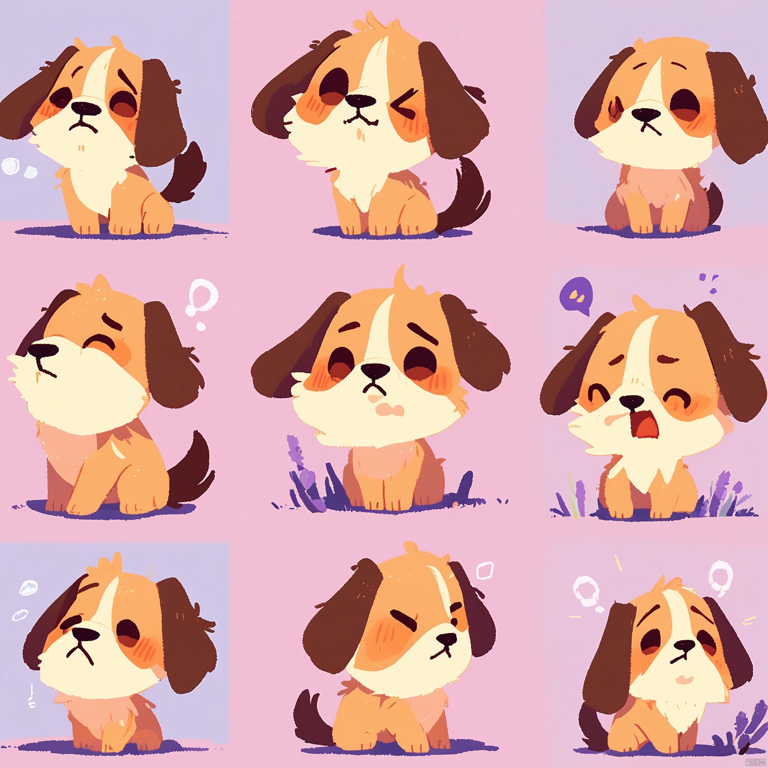 DWBQ,Cartoon rendering of a dog with brown fur and a playful expression, exhibiting a range of facial emotions in a 3x3 grid. Each look is individual, spanning happy, sad, puzzled, and eager. The dog's ears are flopped in some poses. The background is a gentle lavender. The art style is cozy and inviting, with rounded forms and muted tones.
