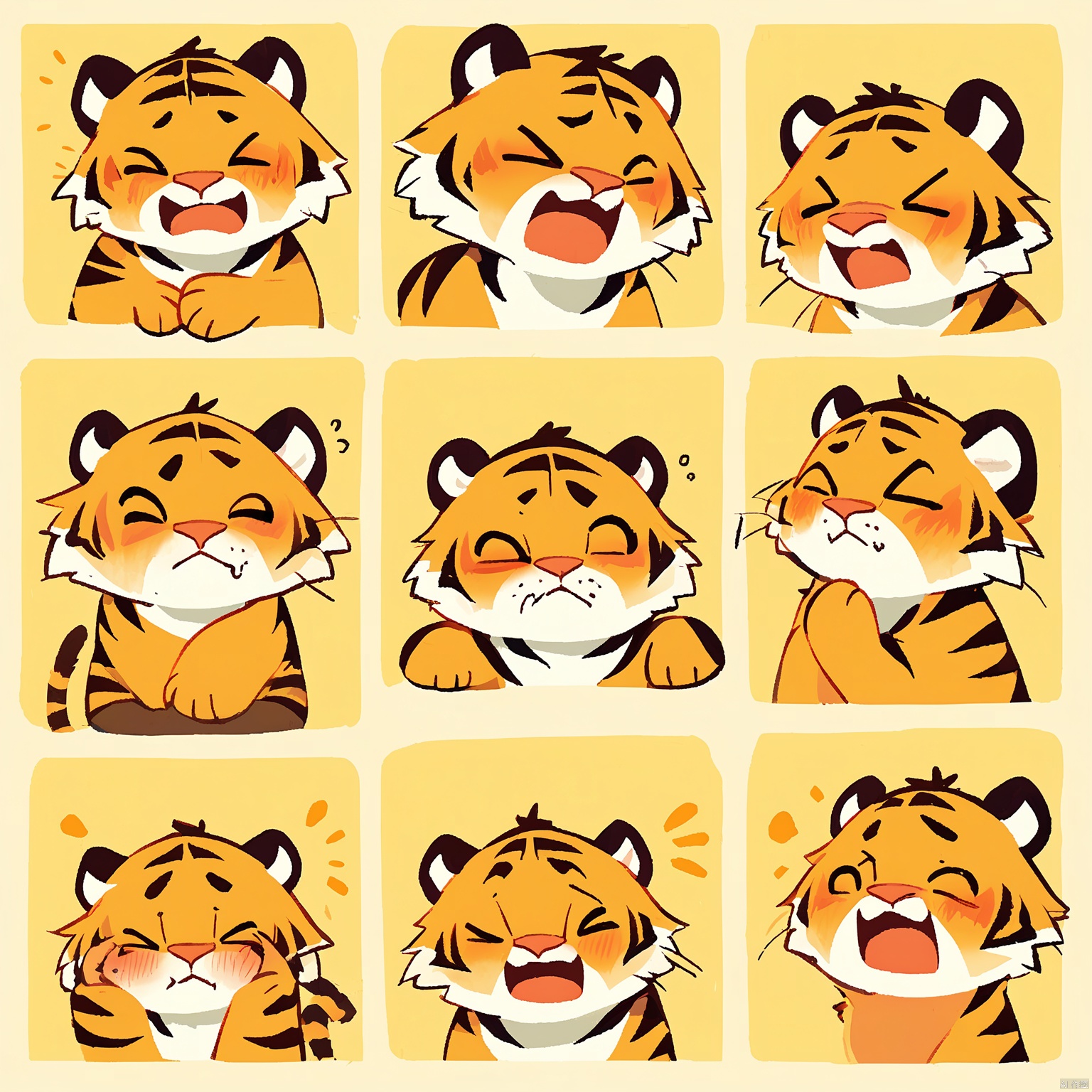 DWBQ,Illustration of a tiger with orange and black stripes, showcasing a variety of facial expressions in a 3x3 arrangement. Each look is unique, including amusement, frustration, awe, and curiosity. The tiger's whiskers stand out in most expressions. The background is a muted yellow, suggesting a sunny savanna. The style is lively and expressive, with bold strokes and vivid colors.