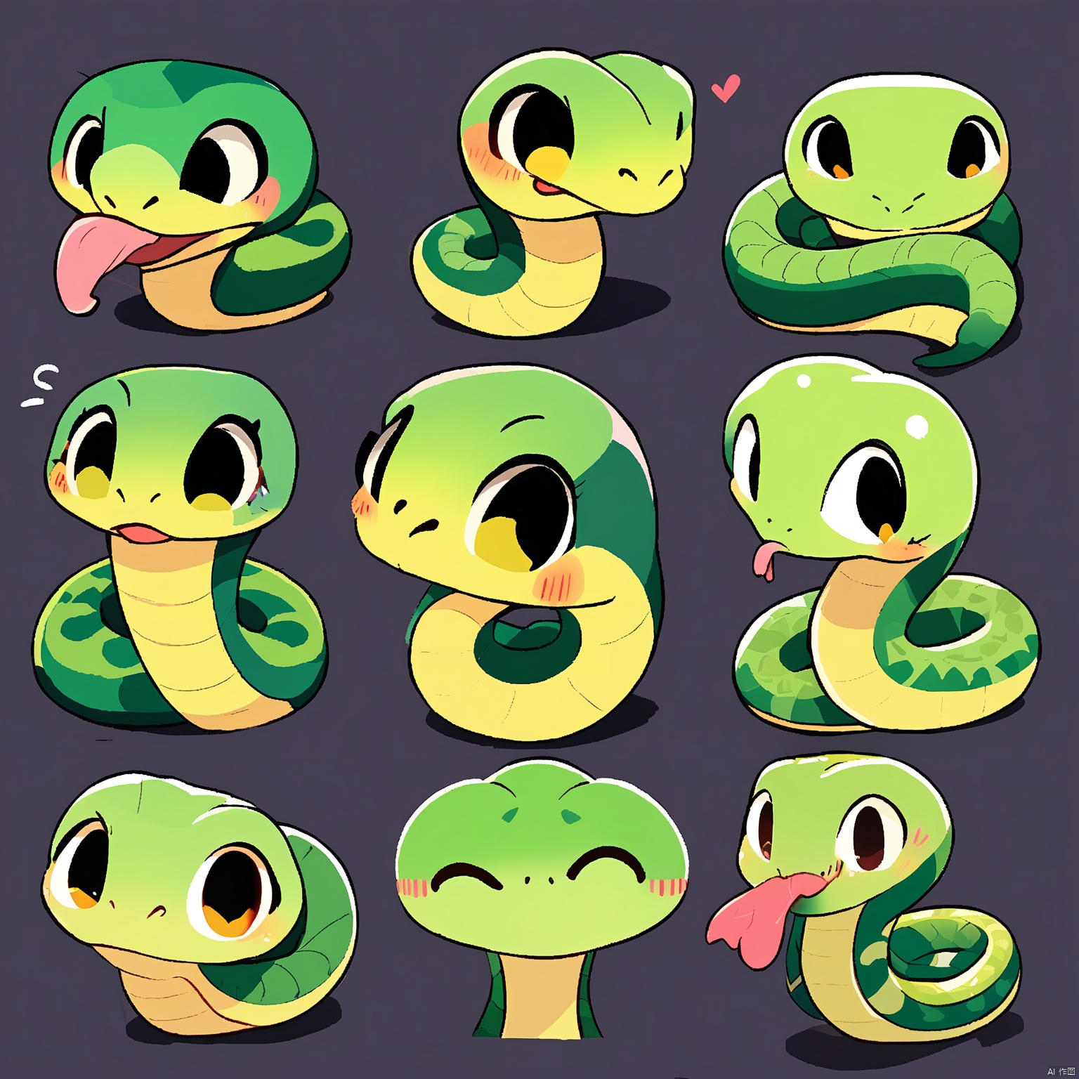 DWBQ, A 3x3 grid of sleek, whimsical green and gold snake illustrations. Each snake has a distinct expression and pose: top row left to right, coiled with a curious gaze, striking with wide eyes, and slithering with a tongue flick.