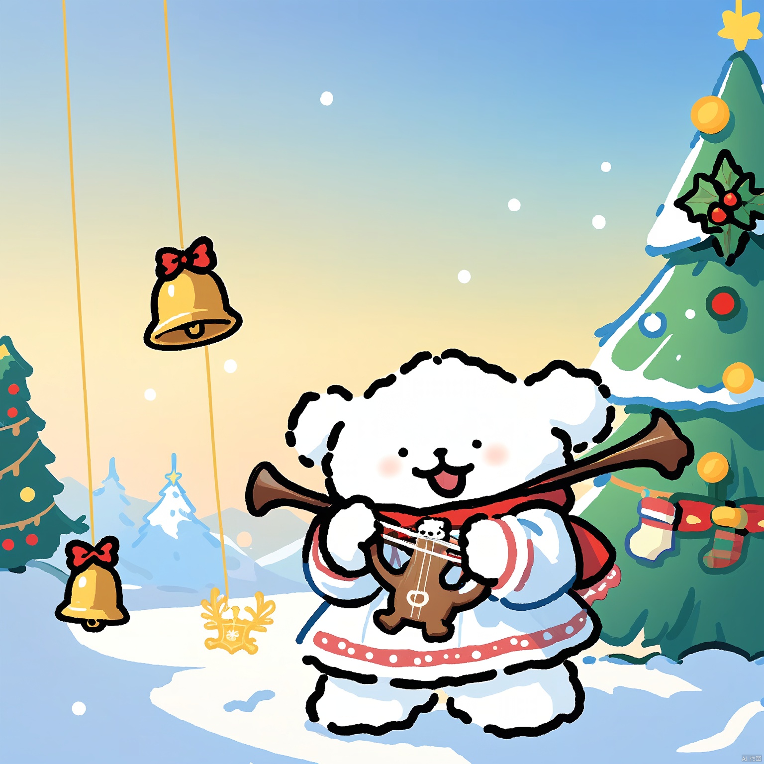 SDTX,Christmas avatar, A digital illustration in a cute, cartoon style features a smiling, white bear playing a lyre, set against a snowy landscape. The bear wears a white robe and has a joyful expression. A Christmas tree adorned with ornaments and a bell is partially visible to the right. Snowflakes and a small heart float around the bear, enhancing the festive atmosphere. The background is a gradient sky transitioning from blue to yellow. The image has a very high aesthetic quality with a symmetrical composition. The background is in focus.