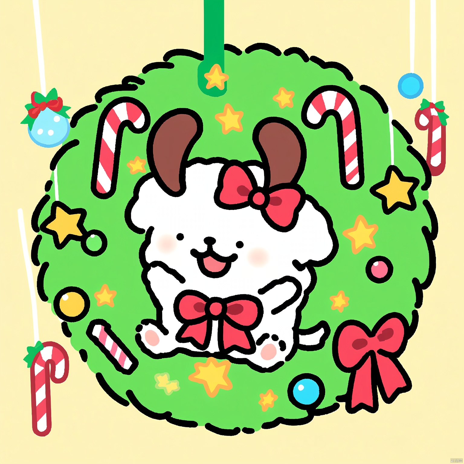 SDTX,Christmas avatar, Digital drawing of a cute, fluffy white dog with brown antlers, wearing a red bow on its head, sitting on a green Christmas wreath decorated with colorful ornaments, candy cane, and stars. The background is a soft yellow. The image has a simple, cartoonish style with bold outlines and a whimsical, festive feel. The composition uses symmetry and the rule of thirds. The aesthetic quality is high.