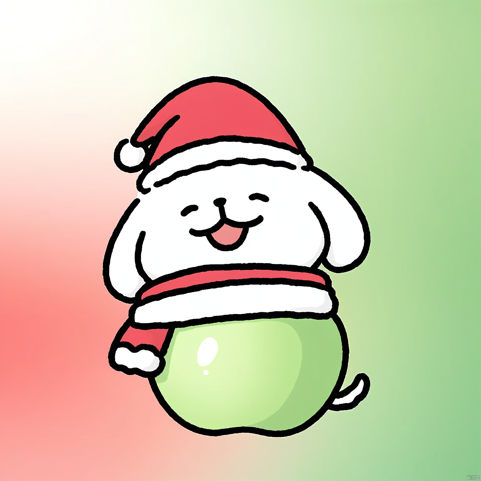 SDTX,Christmas avatar, A cute, chibi-style illustration of a small white dog with a red Santa hat and scarf, sitting on a large, shiny red apple. The dog is smiling and has a small tail. The background is a gradient from light green to white. The image has a playful and festive feel. The lighting is even and soft, with no shadows. The composition uses symmetry, with the dog and apple centered. The drawing style is simple and cartoonish, with thick black outlines and minimal shading. The aesthetic quality is high. The background is in focus.