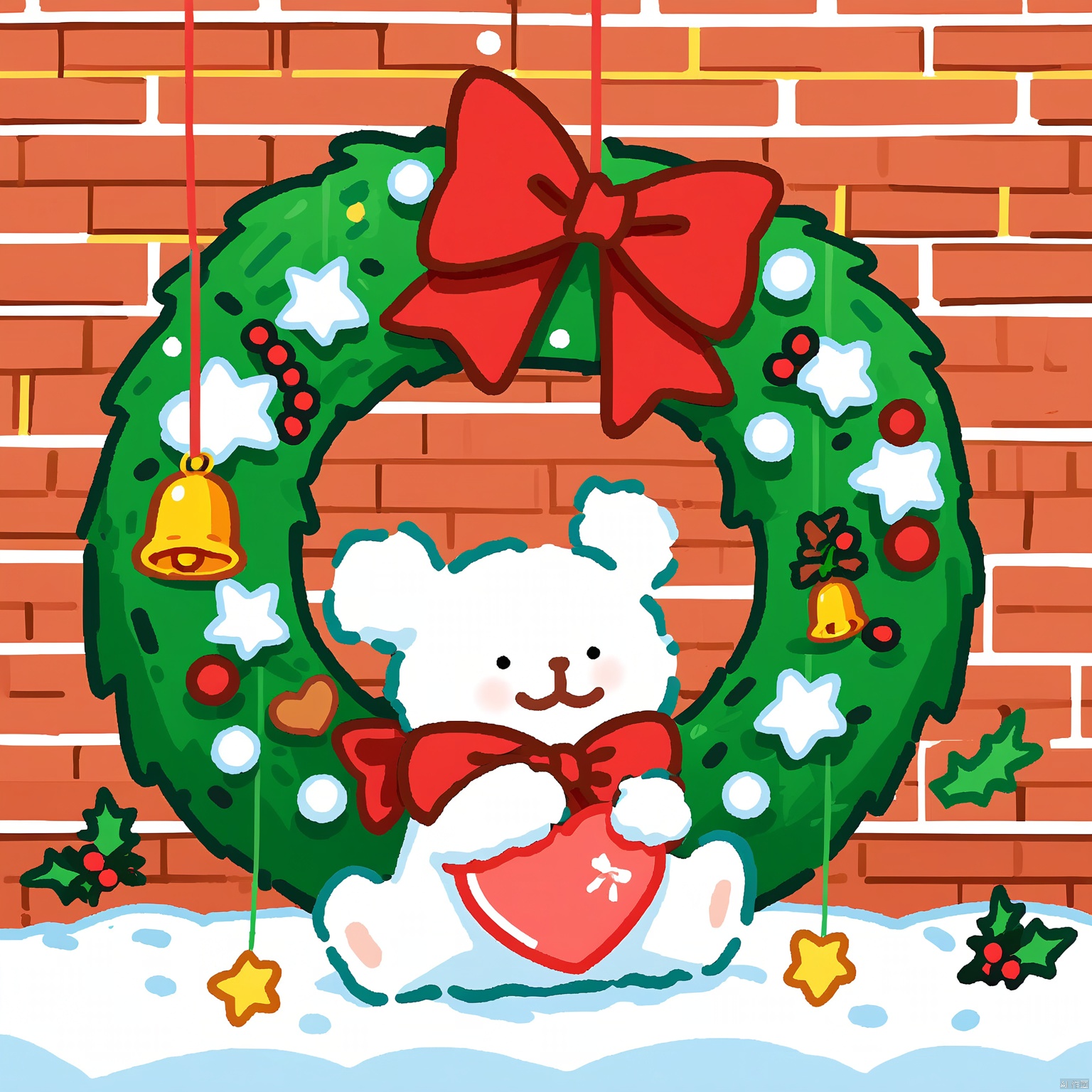 SDTX,Cartoon-style drawing of a white teddy bear holding a red heart, set against a green Christmas wreath adorned with holly leaves, berries, and stars. The wreath is decorated with a yellow bell at the top and a red bow. The background is a red brick wall with a white snow cap at the top. The image has a playful and festive aesthetic, with bright and vibrant colors. The composition uses symmetry and the rule of thirds. The background is in focus. The image has a very high aesthetic quality.
