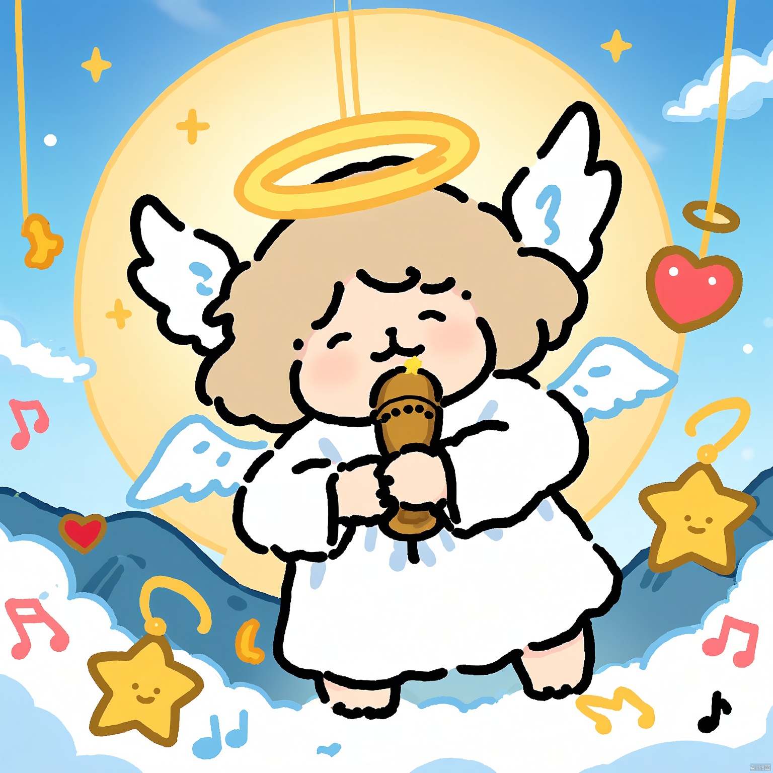 SDTX,Christmas avatar, A cute, cartoon-style drawing of a chubby, light brown angel with a halo, wearing a white robe, playing a recorder. The angel is standing on fluffy white clouds with a snowy mountain and a bell in the background. The sky is blue with yellow stars, and there are musical notes and hearts floating around. The composition uses symmetry and a bright, cheerful color palette. The image is high quality and has a very high aesthetic quality.