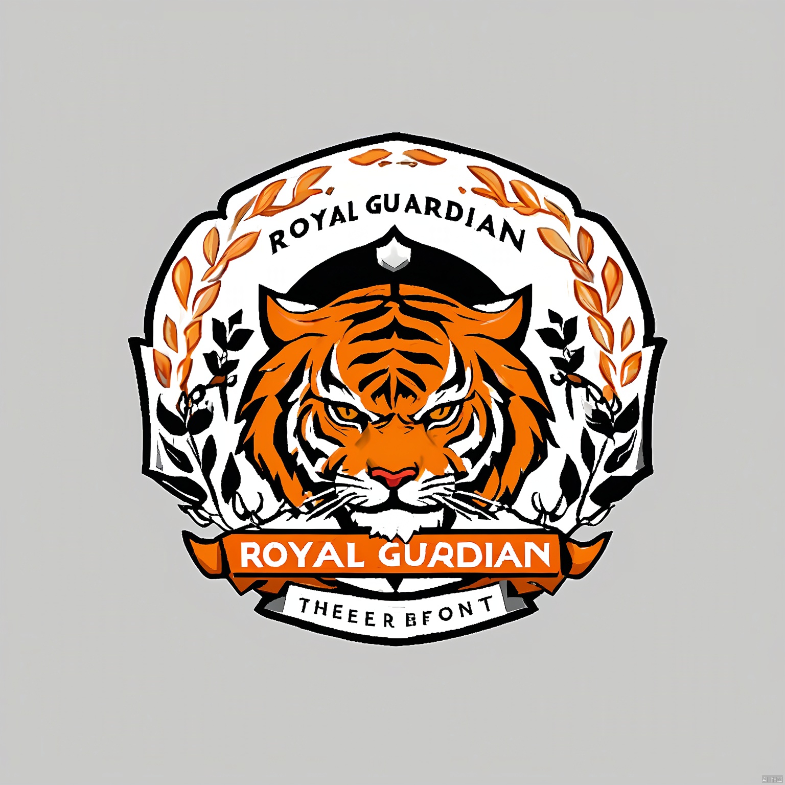 CTLG, the tiger emblem, adopts a powerful and majestic design. The tiger's coat is a striking orange with black stripes. Its eyes are a fierce amber, signifying bravery and strength. The white backdrop is clean, featuring "ROYAL GUARDIAN" in bold orange at the footer.