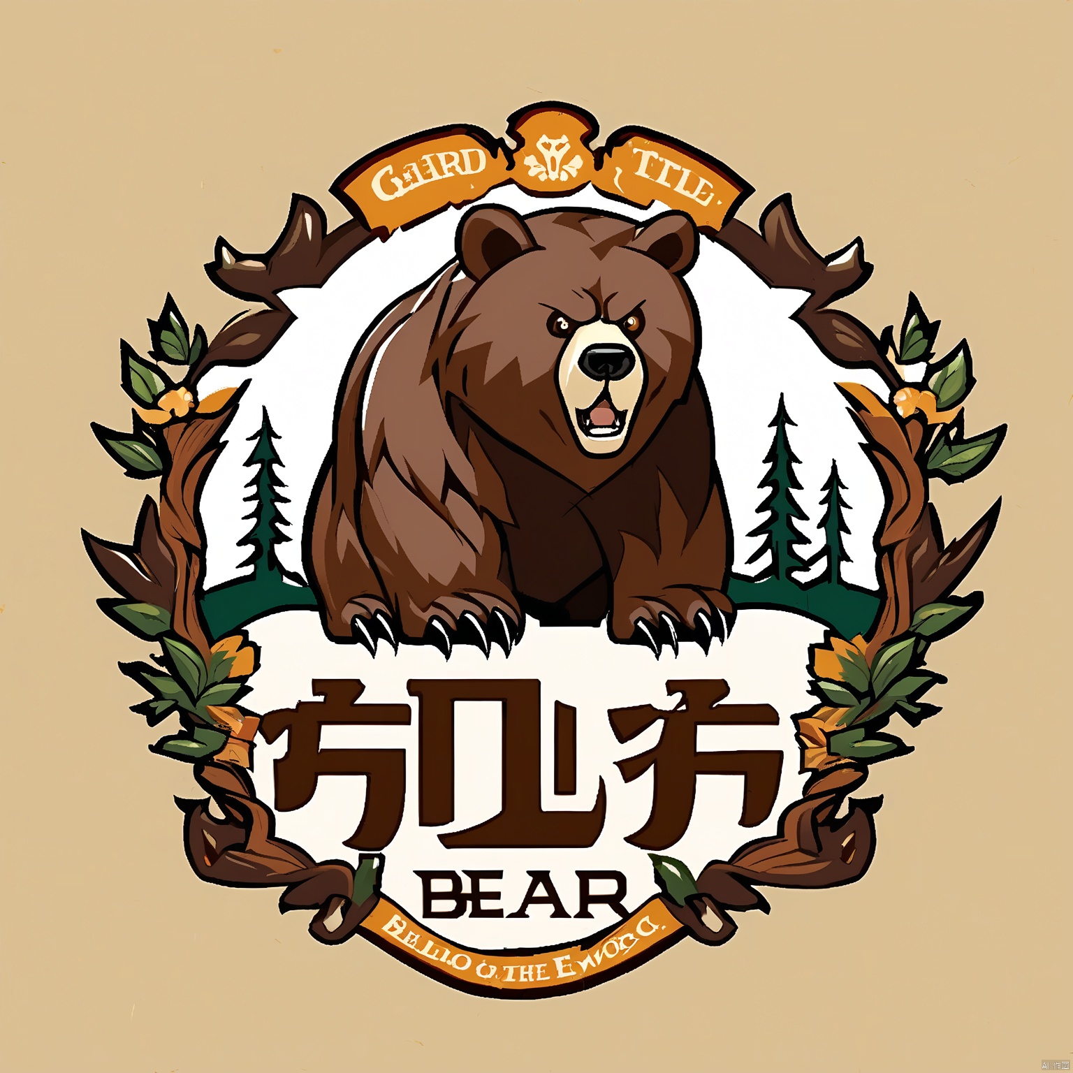 CTLG, BEAR, the bear emblem, embodies a powerful and majestic design. The bear stands tall, its body a rich brown with black claws and eyes. Its strong eyes are amber, signifying strength and protection. The white canvas is serene, with "GUARDIAN OF THE WOODS" in sleek brown italic beneath the emblem.