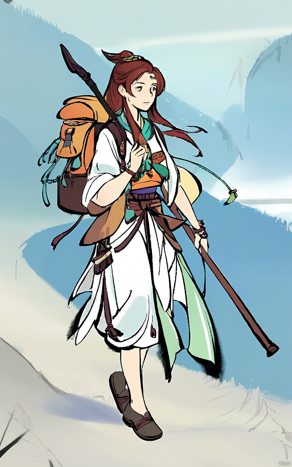 GFLH, A female wanderer in practical travel clothes, carrying a backpack and staff. Her adventurous spirit and readiness for the journey are emphasized by the open, uncluttered white space.