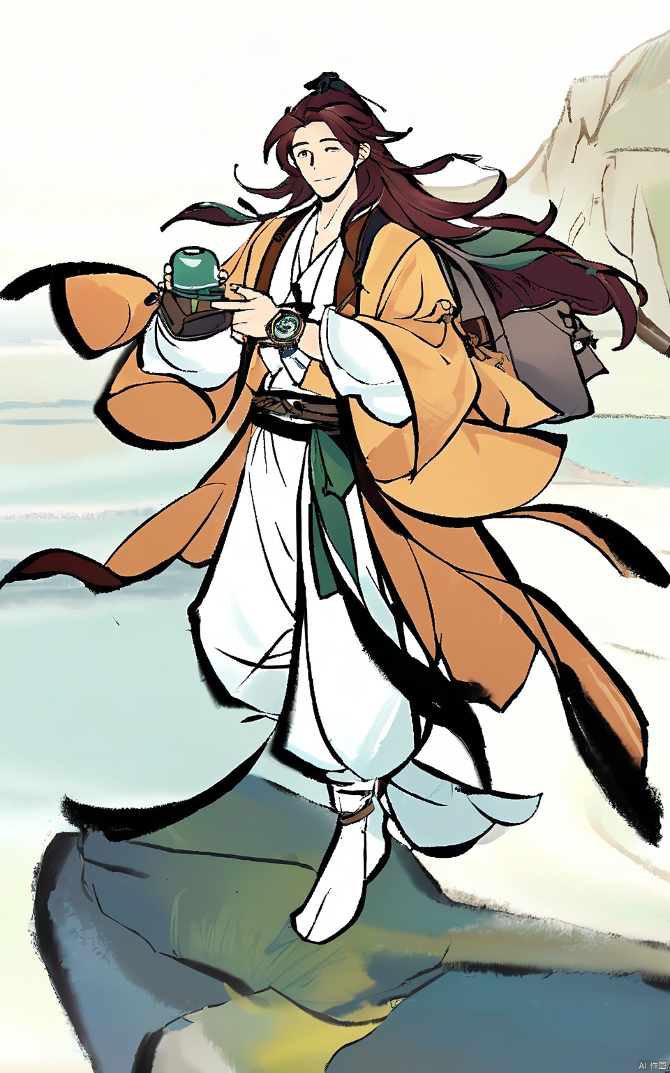 GFLH, A male traveler in practical, flowing attire, carrying a backpack and a compass. His adventurous spirit and flowing hair exude a sense of wanderlust. The white backdrop implies the endless horizon he seeks.