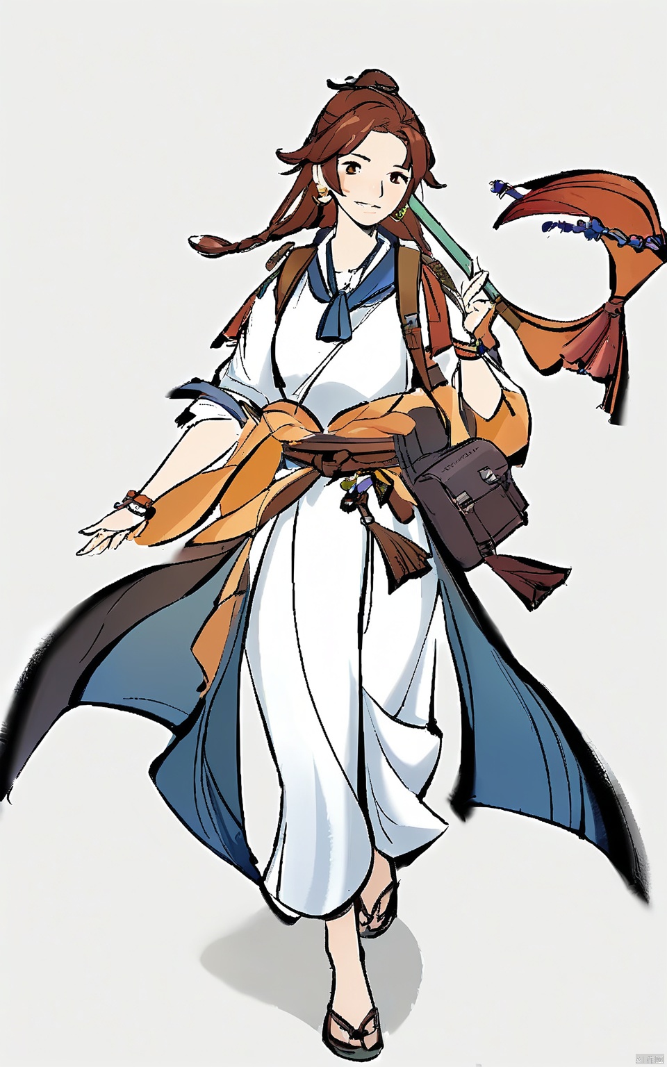 GFLH, A female wanderer in practical travel clothes, carrying a backpack and staff. Her adventurous spirit and readiness for the journey are emphasized by the open, uncluttered white space.