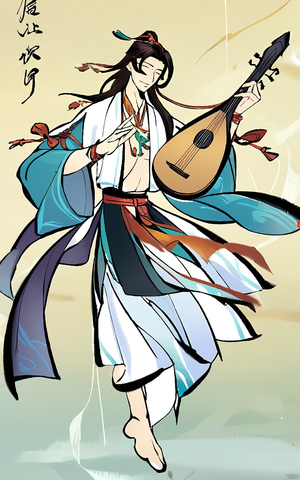 GFLH, A male musician in traditional attire, holding a lute with flowing strings. His fingers dance over the instrument, filling the white void with melodious notes.
