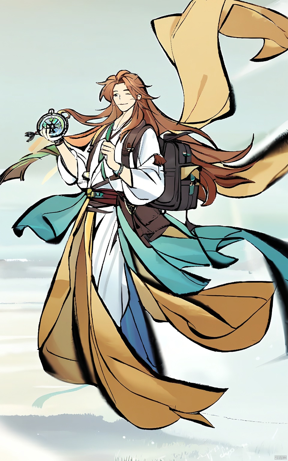 GFLH, A male traveler in practical, flowing attire, carrying a backpack and a compass. His adventurous spirit and flowing hair exude a sense of wanderlust. The white backdrop implies the endless horizon he seeks.