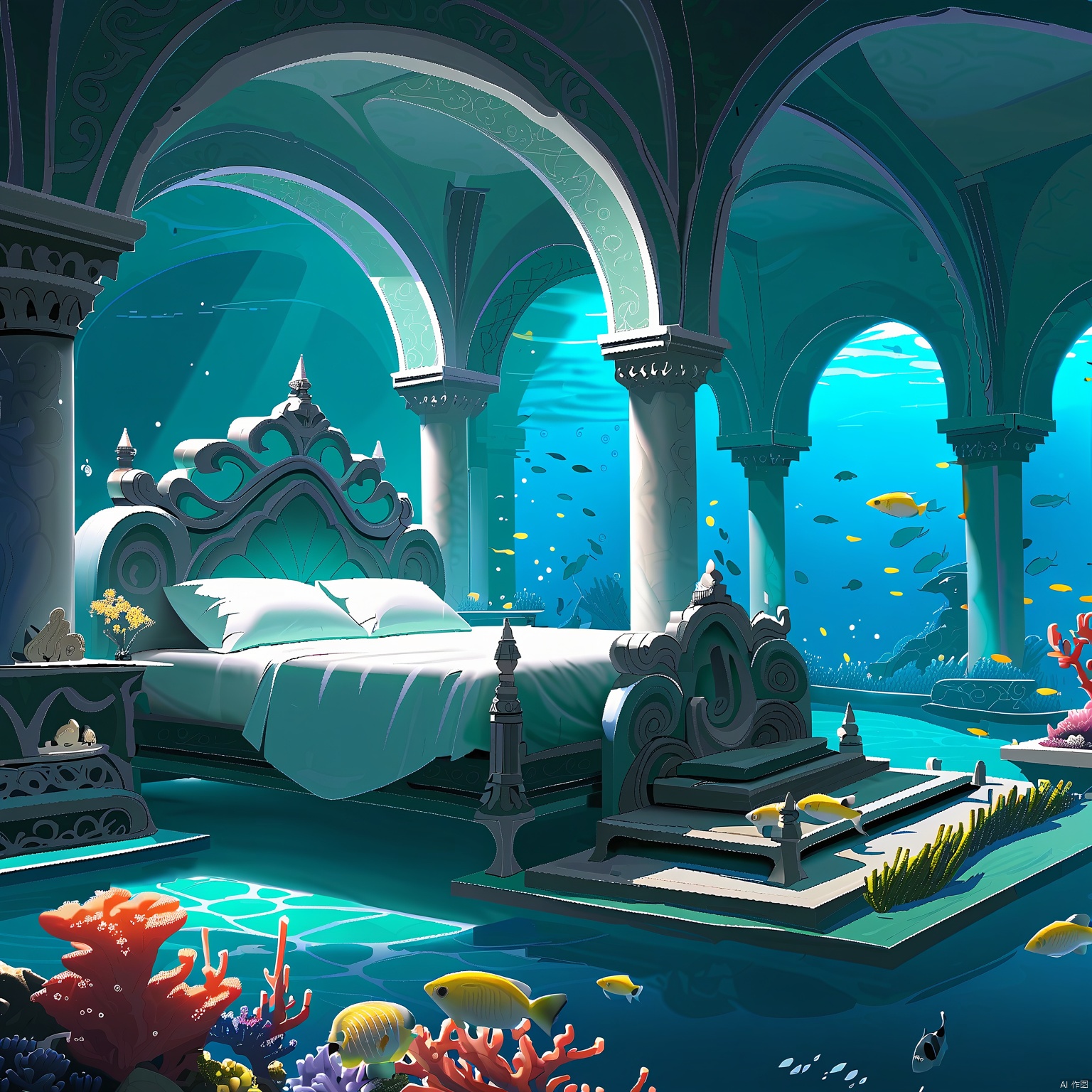 DTJZ, Game standalone structure, Stunning digital depiction of an underwater palace made of coral and pearls, with luminescent accents illuminating the depths. The palace features grand archways and intricate carvings. The foreground showcases a bed of seaweed and colorful fish. The background is a pure white void, emphasizing the palace's otherworldly beauty. The composition utilizes curves and organic shapes, underscoring its marine origins. The lighting is soft and ethereal, creating a mesmerizing underwater ambiance. The artwork exudes a mystical underwater charm.