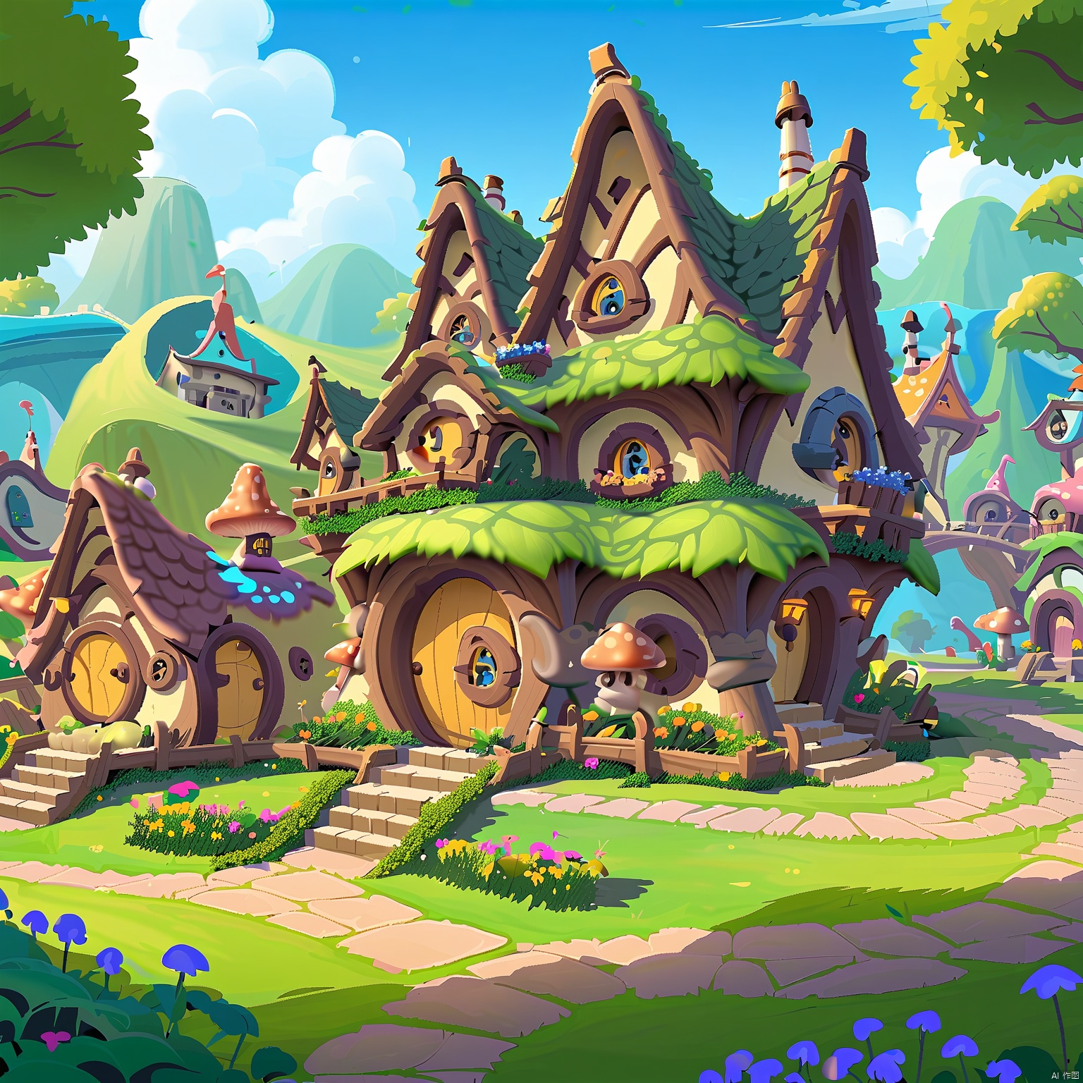 DTJZ, Game individual building, A high-quality digital depiction of a whimsical fairy village with tiny cottages and enchanted gardens. The village features grand trees with houses built into their trunks, and glowing mushrooms illuminating the pathways. The foreground showcases tiny fairy creatures and vibrant flora. The background is a pristine white, drawing focus to the village's fairy-tale beauty. The composition uses curves and organic shapes, emphasizing the structure's whimsical charm. The lighting is soft and magical, adding to the village's dreamlike ambiance. The image is a delightful escape into a world of fantasy.