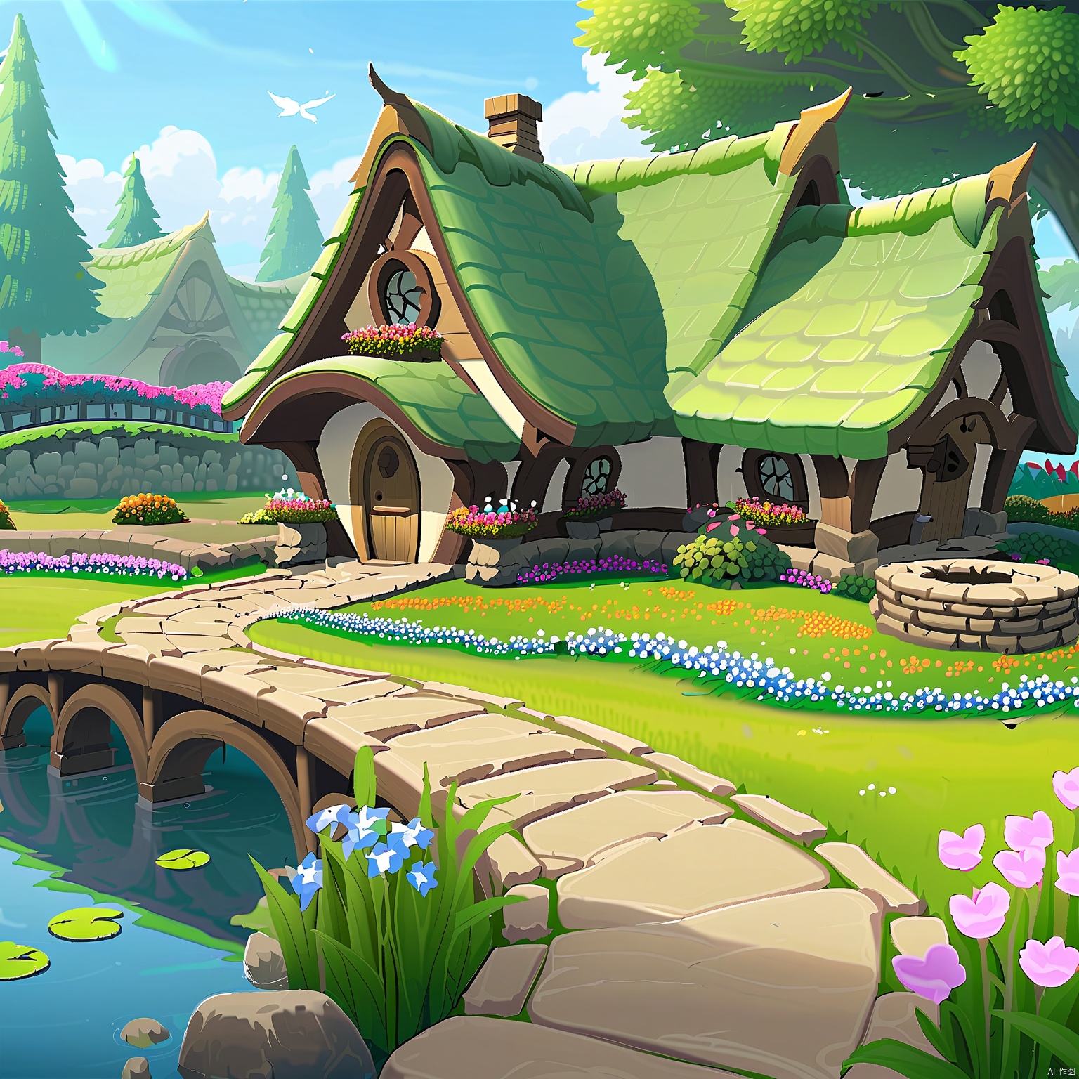 DTJZ, Game isolated structure, Detailed digital rendering of a mystical fairy-tale cottage, with thatched roof and cobblestone walls. The cottage is surrounded by enchanted gardens. The foreground includes a winding stone path and blooming flowers. The background is a plain white surface, emphasizing the cottage's whimsical charm. The composition uses curves and organic shapes, underscoring its fairy-tale origins. The lighting is soft and magical, creating a sense of wonder. The image possesses a dreamlike quality.