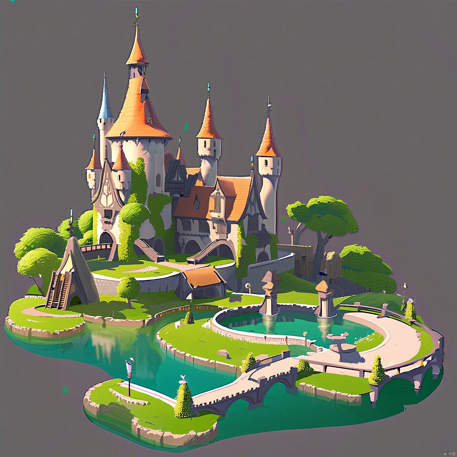 DTJZ, Game individual building, A meticulously crafted digital illustration of a fairy-tale castle, with towering turrets and enchanted gardens. The castle is surrounded by a protective moat and drawbridge. The foreground showcases a cobblestone courtyard and whimsical statues. The background is a seamless white field, making the castle's magical design pop. The composition integrates curved lines and organic shapes, enhancing the enchanting ambiance. The lighting is dreamy and ethereal, casting a magical glow. The image has a captivating aesthetic appeal.