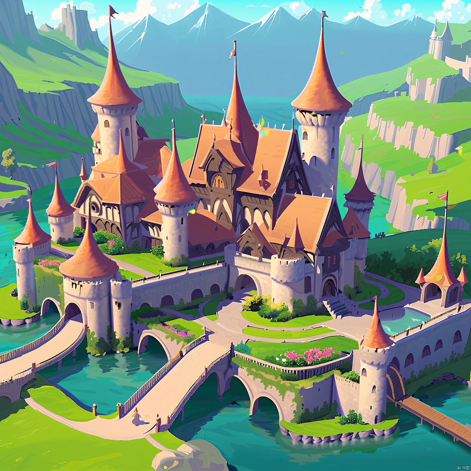 DTJZ, Game individual building, A meticulously crafted digital illustration of a fairy-tale castle with towering turrets and magical gardens. The castle boasts grand halls and enchanted chambers, with a drawbridge spanning a moat. The foreground showcases whimsical creatures and colorful flowers. The background is a pristine white, drawing focus to the castle's enchanting charm. The composition uses curves and organic shapes, emphasizing the structure's fairy-tale quality. The lighting is soft and magical, adding to the castle's dreamlike ambiance. The image is a feast for the imagination.
