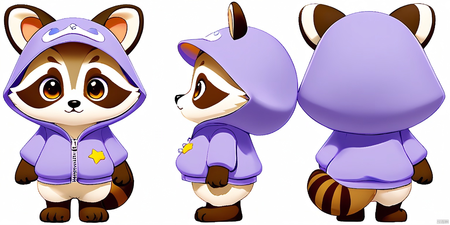 SST, ip design, is presented from three perspectives: front, back and side. The background is pure white. A quirky cartoon raccoon with fur dyed in a soft lavender shade, eyes twinkling in amber hues, and a belly marked with creamy white patches. The raccoon boasts wide, expressive eyes and pointy, fur-lined ears. It wears a cozy, navy blue hoodie adorned with yellow stars, and a matching cap with ear flaps.