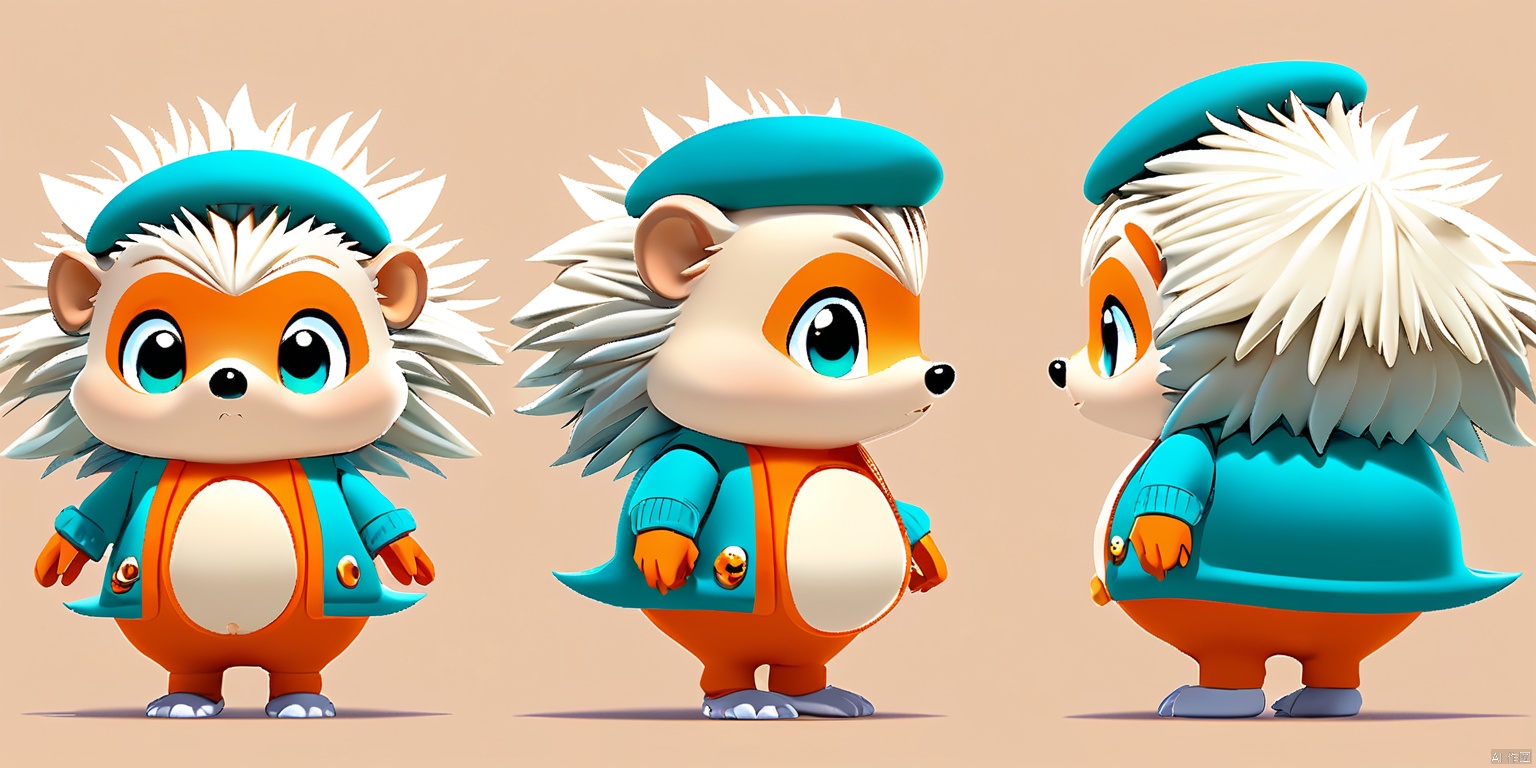 SST, ip design, is presented from three perspectives: front, back and side. The background is pure white. A mischievous cartoon hedgehog with spines that shimmer in a metallic silver, eyes gleaming like topaz, and a belly that's a creamy beige. The hedgehog has tiny, curious eyes and a pointed snout. It's clad in a cozy, striped sweater in shades of teal and orange, and a tiny, matching beret.