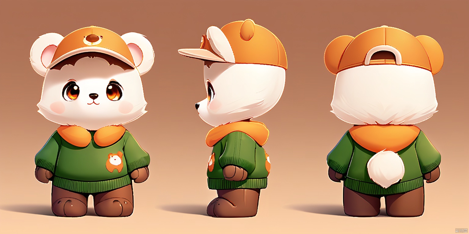 SST, ip design, is presented from three perspectives: front, back and side. The background is pure white. A playful cartoon bear cub with fur colored in a warm terracotta shade, eyes twinkling in topaz tones, and chest adorned with creamy beige spots. The bear cub boasts wide, curious eyes and round, fur-covered ears. It wears a comfortable, forest green sweater featuring orange leaves, and a cap with ear holes, in harmony with its attire.