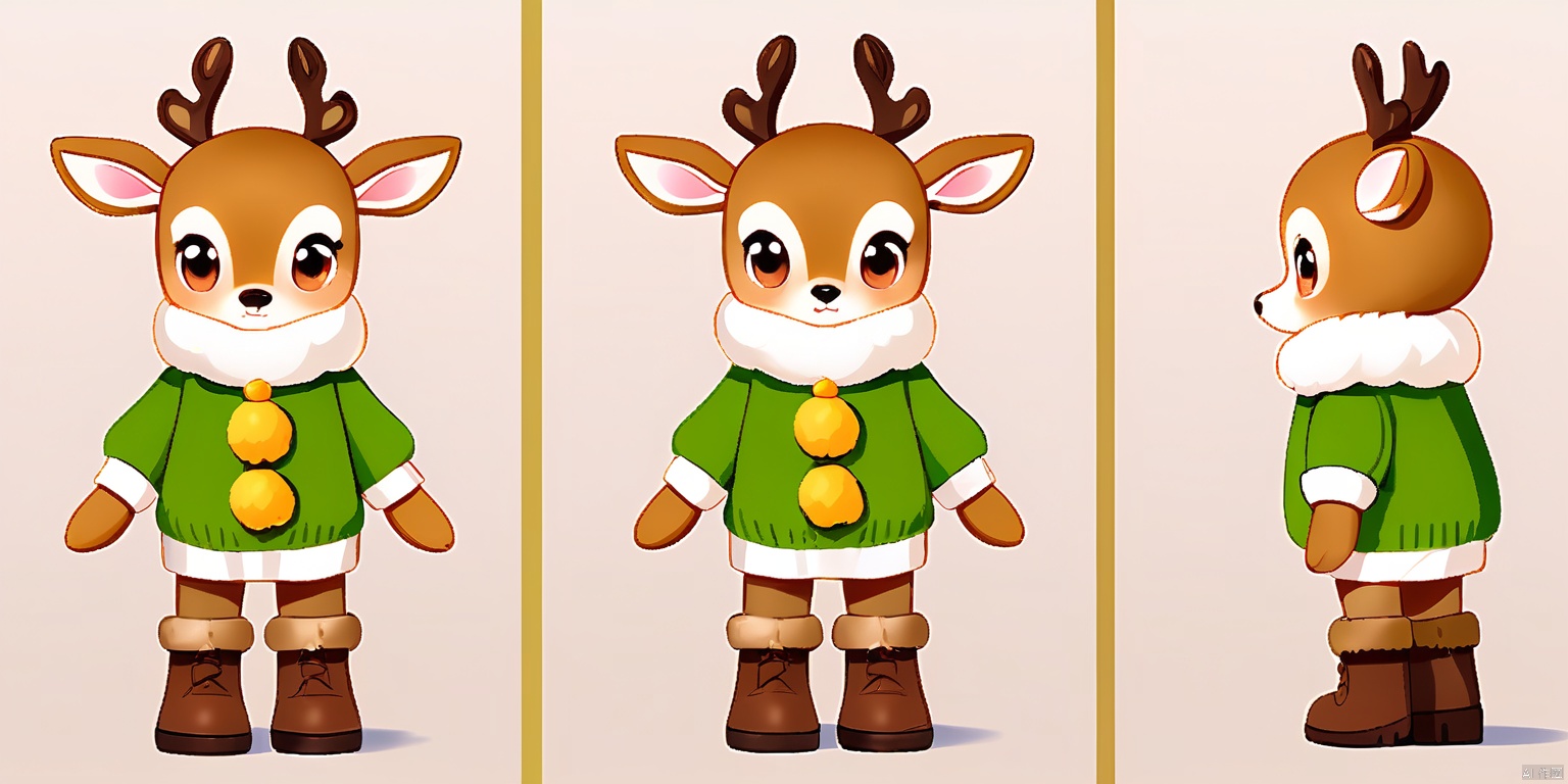 SST, ip design, is presented from three perspectives: front, back and side. The background is pure white. A charming cartoon deer with fur that's a soft, creamy brown, eyes that shine like rubies, and spots that are a darker shade of brown. The deer has large, gentle eyes and delicate, twitching ears. It's dressed in a cozy, green sweater with yellow leaves, and a pair of brown boots with pom-poms.