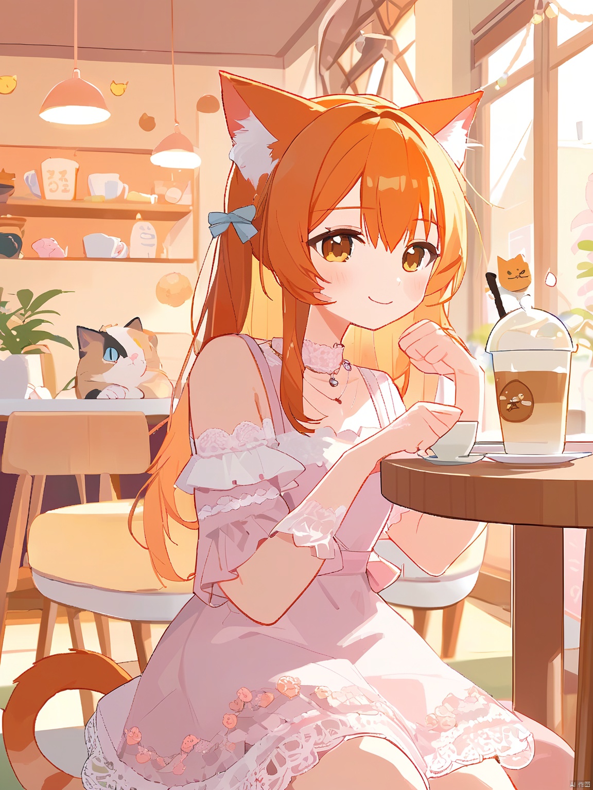  DMTX,
illustrating a playful anime cat-girl with orange hair and cat ears, wearing a lace dress and holding a fishbone. The background is a cozy cat café with cats lounging around and pastel decorations. The lighting is warm and inviting, perfect for a relaxed atmosphere. The design respects the rule of thirds, with a faintly blurred background.
