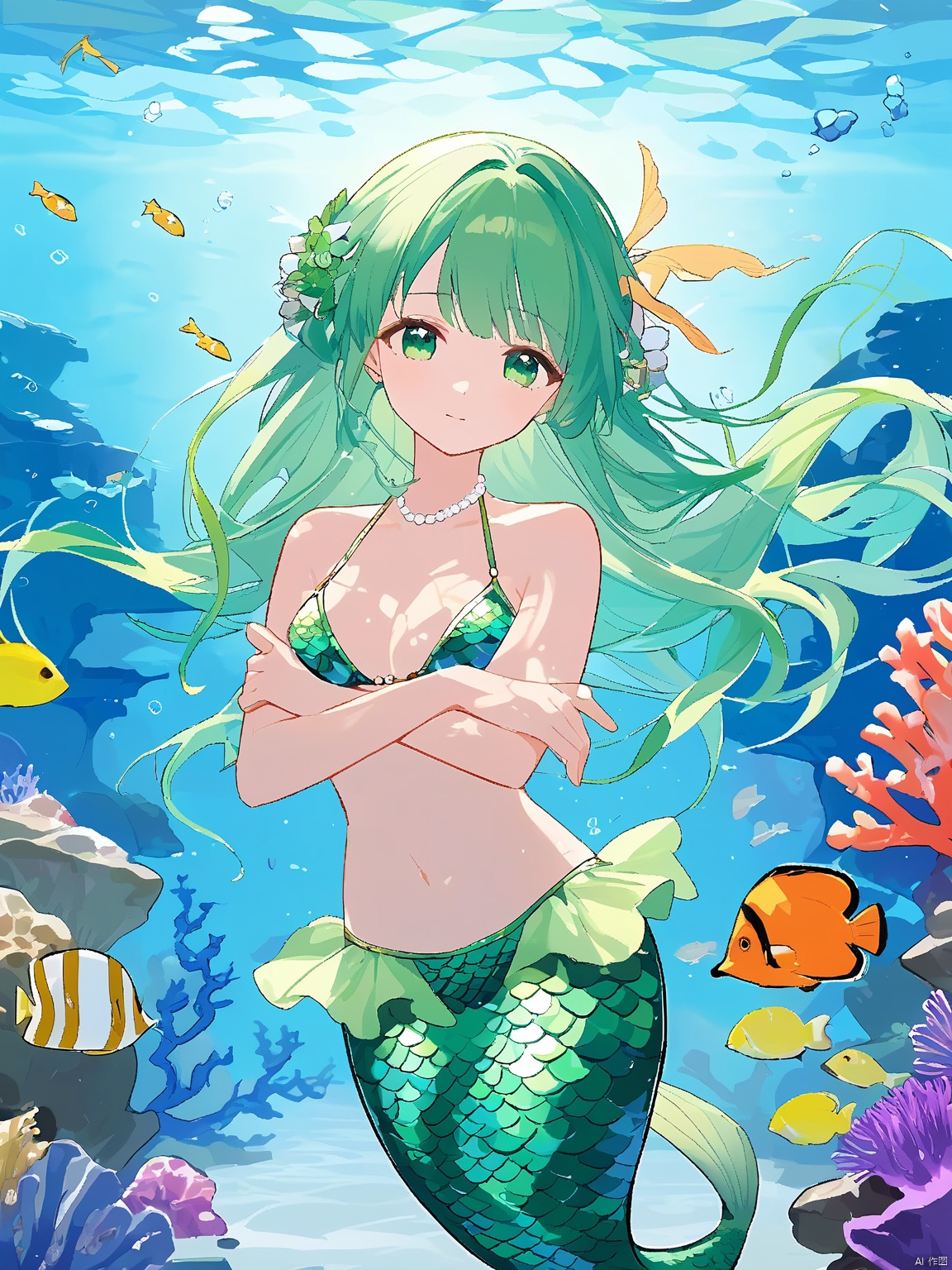 DMTX,
capturing the essence of an anime mermaid with green hair and fish scales, wearing a shell bikini and holding a pearl. The background is a serene underwater world with coral reefs and fish swimming by. The lighting is soft and ethereal, creating a mystical ambiance. The artwork adheres to the rule of thirds, with a slightly blurred backdrop,
