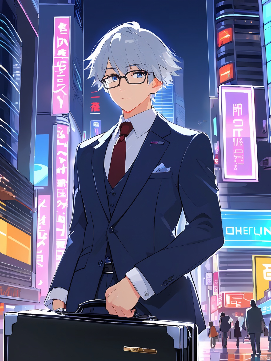  DMTX,
capturing the essence of an anime boy with silver hair and glasses, dressed in a smart suit and holding a briefcase. The background is a bustling city street with skyscrapers and neon signs. The lighting is modern and sleek, reflecting the urban theme. The artwork adheres to the rule of thirds, with a slightly blurred backdrop.