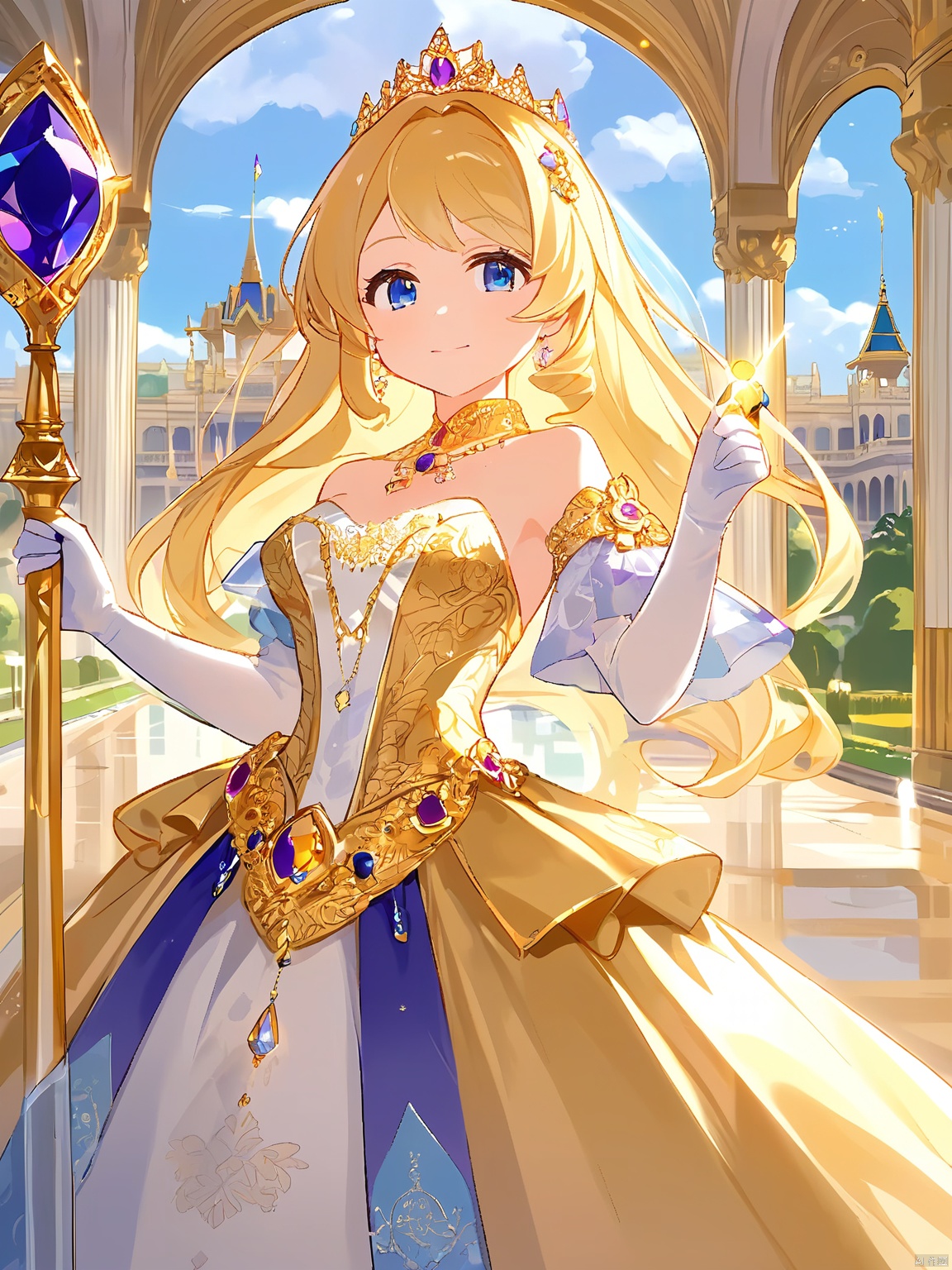  DMTX,
featuring a regal anime princess with golden hair adorned with jewels, dressed in an elegant gown and holding a scepter. The background is a grand palace with ornate architecture and gardens. The lighting is luxurious and grand, reflecting the royal theme. The artwork conforms to the rule of thirds, with a gently blurred background.