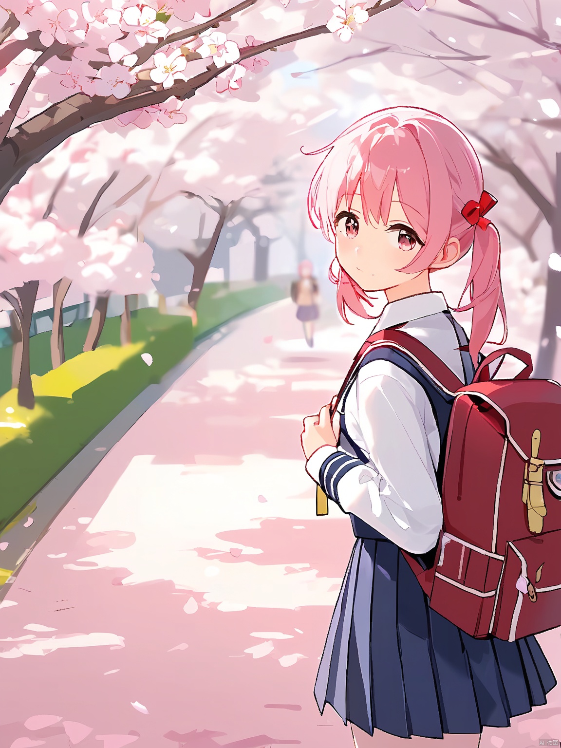  DMTX,
capturing the essence of an anime girl with pink hair styled in pigtails, wearing a school uniform and carrying a backpack. The background is a serene park with blooming cherry blossoms and a winding path. The lighting is soft and natural, creating a pleasant ambiance. The artwork adheres to the rule of thirds, with a slightly blurred backdrop.