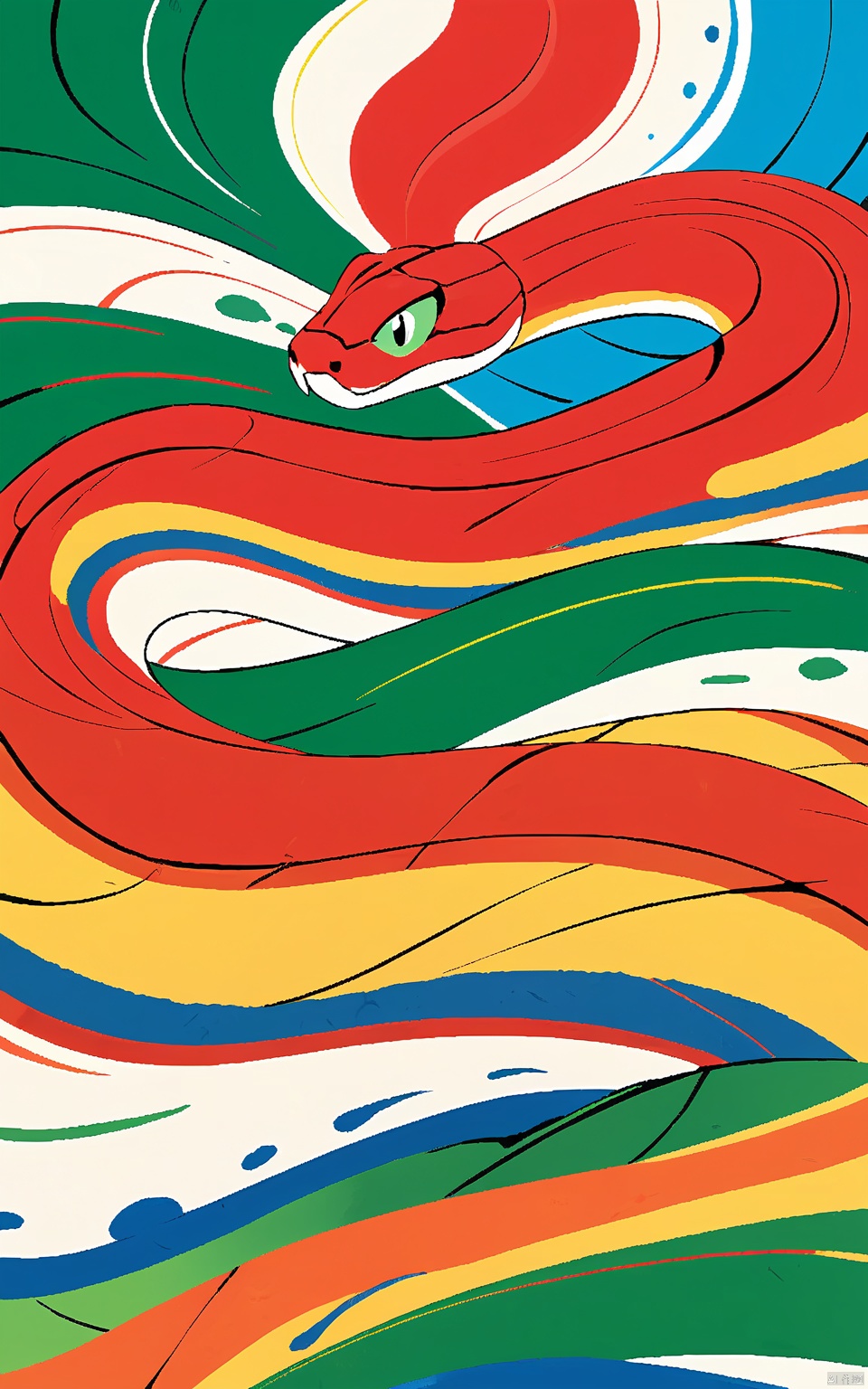 SNHB,a vibrant,high-quality digital painting,depicts a snake's long,meandering body,fine scales,and flowing red tongue. The snake is decorated with colored spots of red,blue,green and yellow. The background is white,and the composition uses the guide line and the rule of thirds. The faucet is centered and the background is blurred. This style is reminiscent of the modern style of traditional Chinese art. The aesthetic quality is very high.,