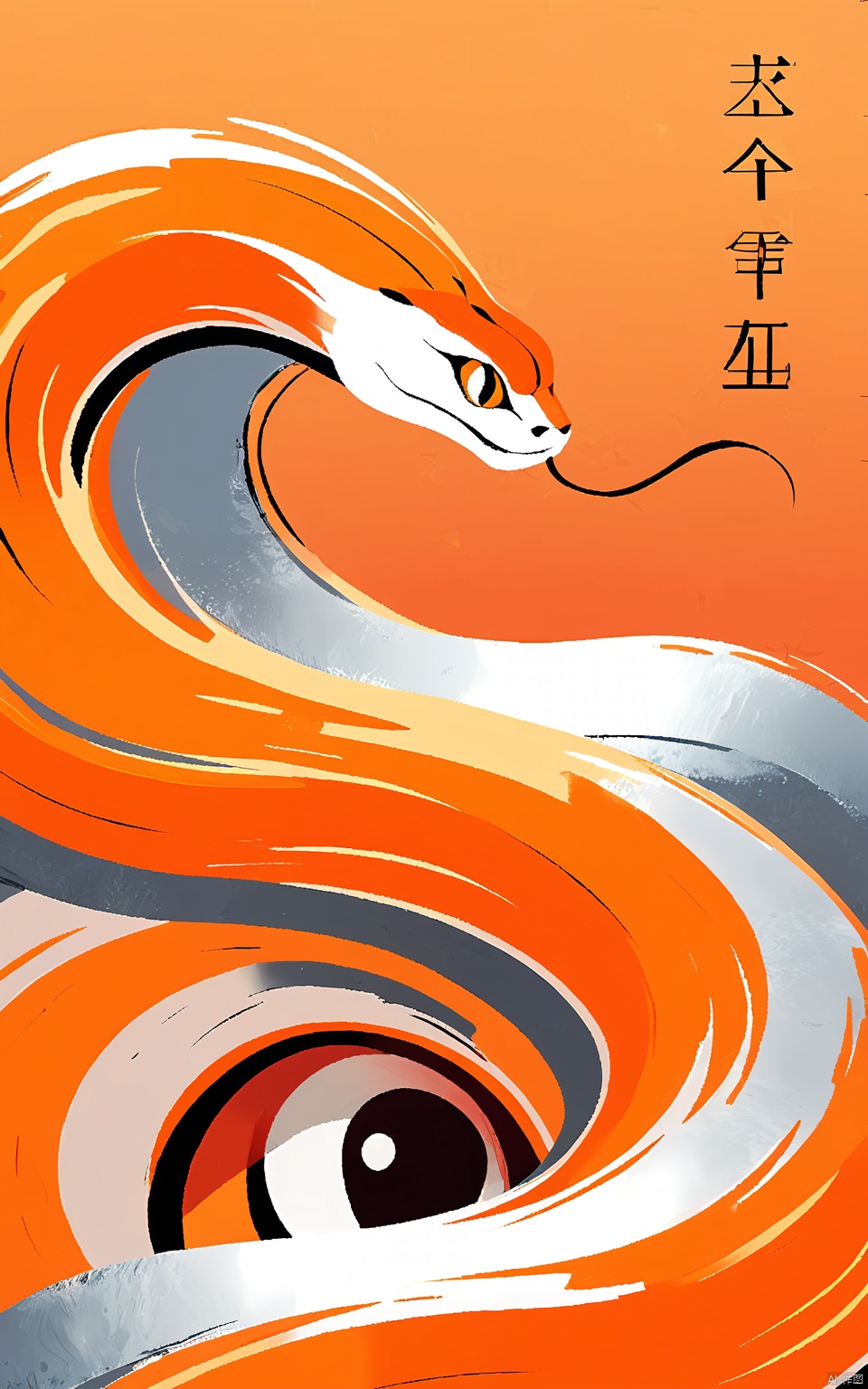 SNHB, a Year of the Snake illustration in digital media. A silver serpent undulates on a canvas of fiery orange. Its body gleams with a silken texture, reminiscent of brush strokes on silk. The snake's head rests in the bottom right, following the rule of thirds. Its eyes are sharp, filled with insight. The depth of field draws attention to the serpent, while the background melts into the flame. The design is captivating, silver contrasting vividly with orange. It combines modern digital creativity with classic painting methods.