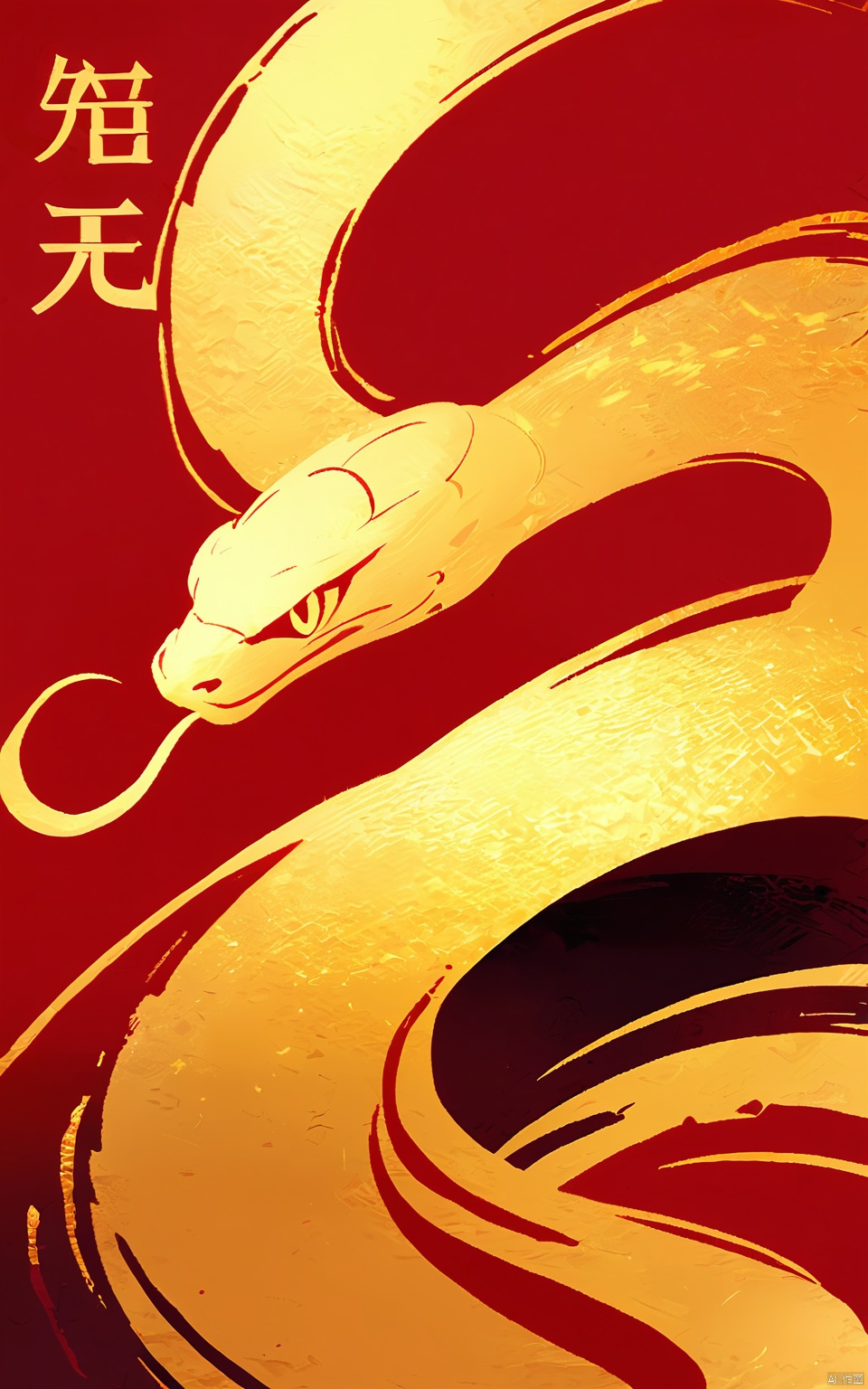 SNHB, a digital poster for the Snake Year. A cobra of radiant gold winds gracefully on a canvas of crimson. Its scales are polished to perfection, resembling the texture of a painter's palette. The snake's head emerges from the upper right, following the rule of thirds. Its eyes are fierce, filled with power. The background is softly blurred, enhancing the cobra's majesty. The aesthetic is breathtaking, gold standing proud against red. It merges modern digital innovation with timeless painting traditions.