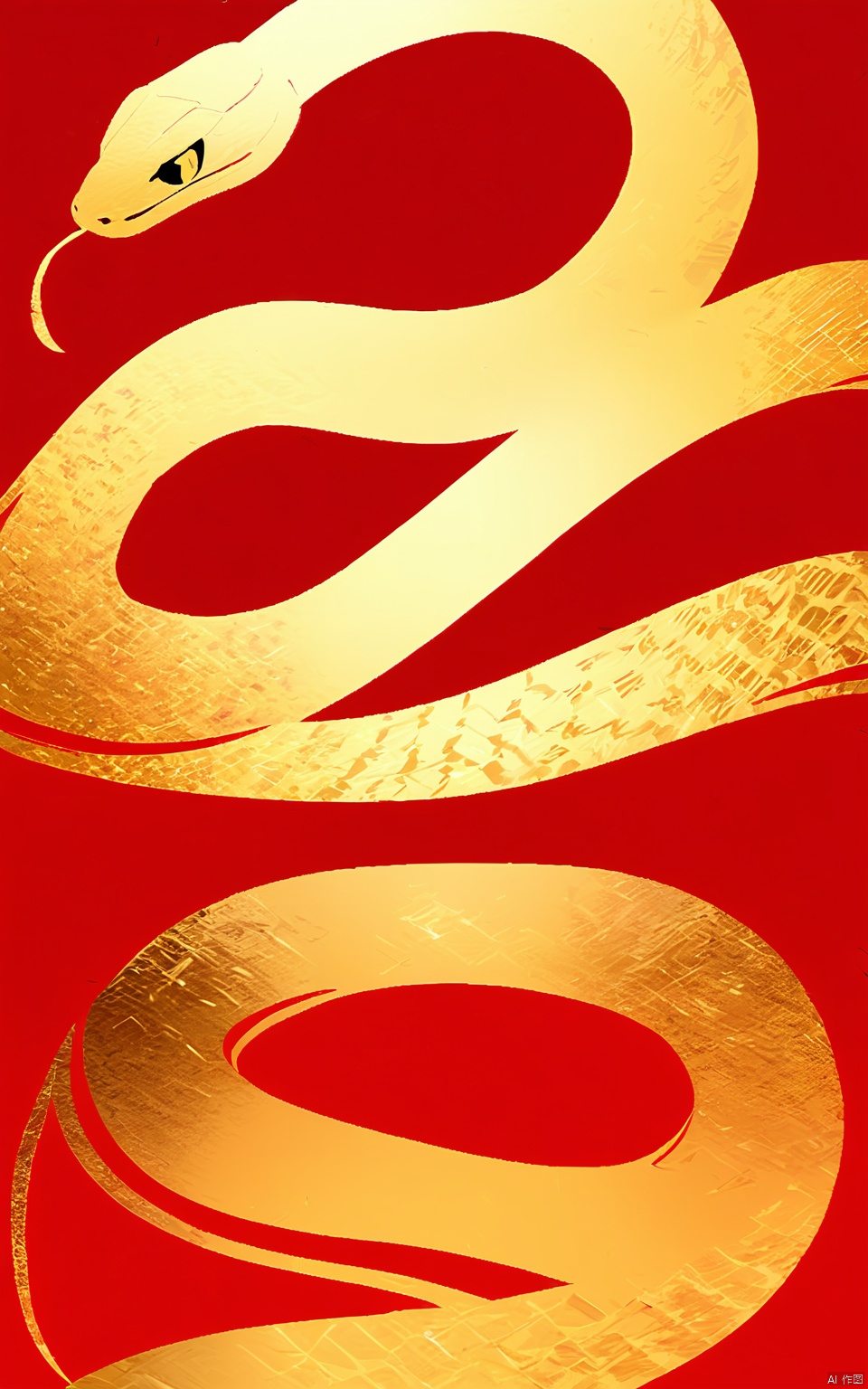 SNHB, a digital illustration of a golden snake coiled on a bright red background. The snake's body is smooth and shiny, textured, and patterned like a paintbrush. The composition follows the rule of thirds, with the snake's head in the upper left quadrant. The eyes of the snake are sharp and sharp, giving a strong feeling. The depth of field is shallow and the background is blurred to emphasize the snake. The image is of high aesthetic quality, with the golden snake contrasting sharply against the red background. The style is reminiscent of modern digital art with a touch of traditional painting techniques.