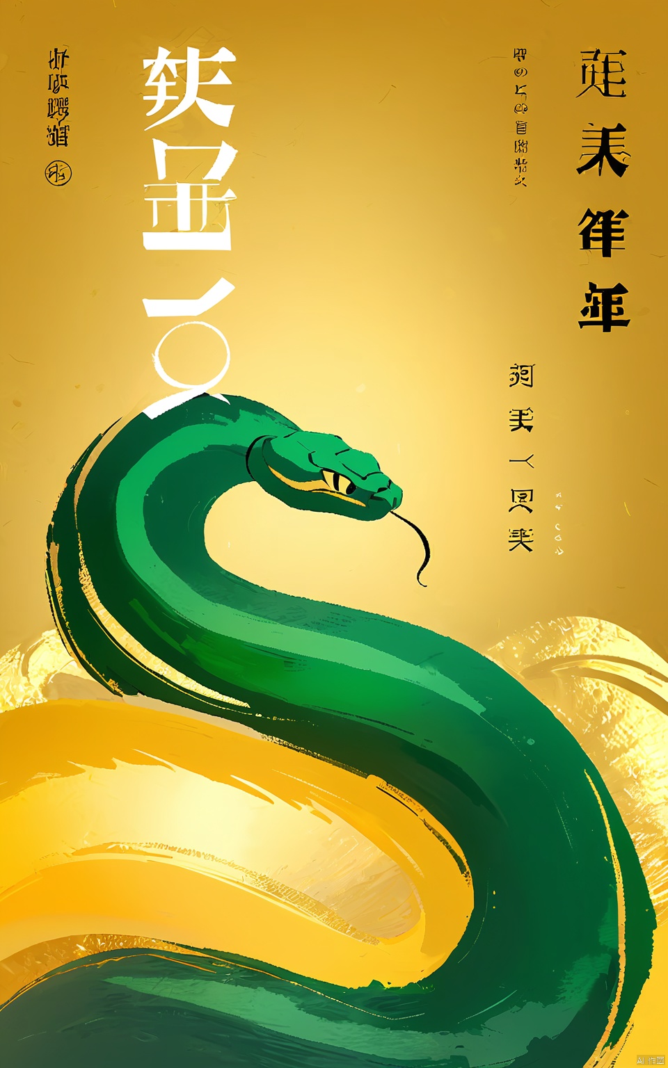SNHB, a digital poster marking the Snake Year. A cobra of emerald green writhes on a canvas of golden yellow. Its scales shimmer with a metallic finish, echoing the texture of ancient scrolls. The snake's head peeks from the top left, adhering to the rule of thirds. Its eyes are piercing, filled with wisdom. The background fades into a warm blur, emphasizing the cobra's grace. The aesthetic is striking, emerald standing out against yellow. It blends modern digital artistry with traditional painting techniques.
