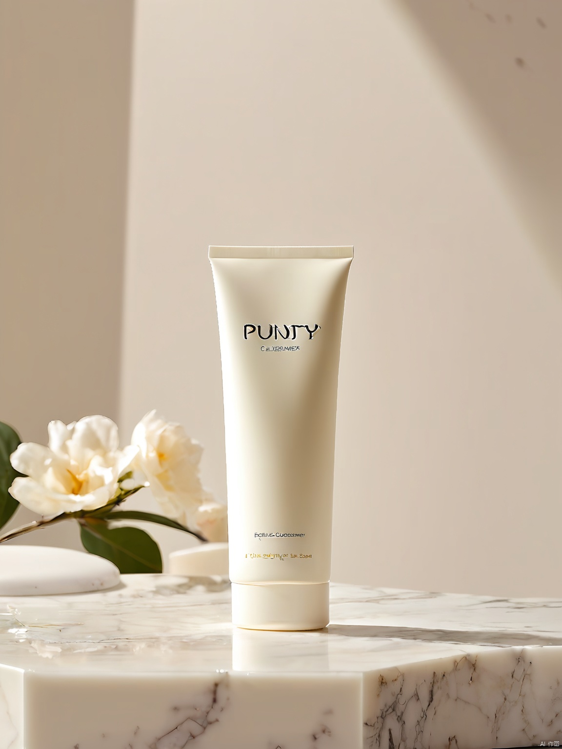 DSCJ, A tall, narrow bottle of facial cleanser called "Purity" stands upright on a marble countertop, its clear glass body showcasing the product's consistency. The backdrop is a minimalist, elegant setup with soft lighting, focusing on the bottle's sleek design.
