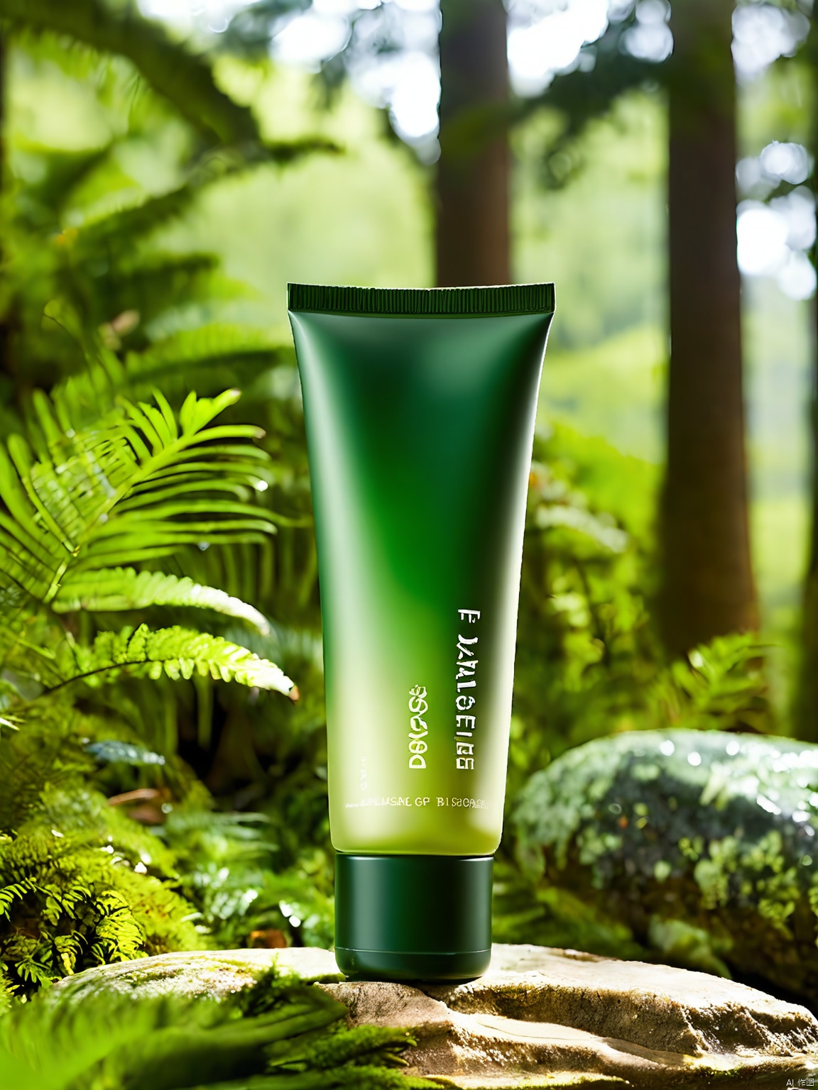 DSCJ, A photograph of a green, gradient tube of skincare product labeled "Biossance" with the text "Squalane + Peptide" in white. The product is placed on a mossy rock in a lush, dense forest with tall trees and ferns. The background is slightly blurred, focusing on the product. The lighting is soft and natural, highlighting the green hues of the product and the forest. The camera angle is straight-on, capturing the product from the front. The depth of field is shallow, with the background elements slightly out of focus. The overall mood is serene and natural.