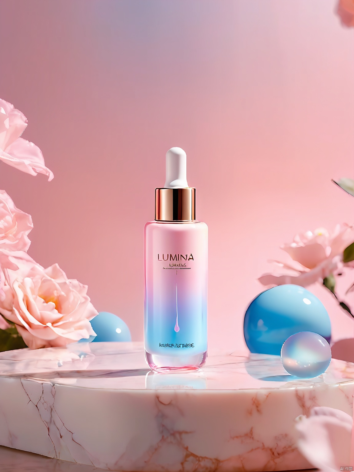 DSCJ, A transparent bottle of serum labeled "Lumina" sits on a marble countertop, its contents glowing under bright studio lights. The background is a blurred gradient of pastel pink and blue, creating a dreamy, ethereal atmosphere. The bottle stands out as the centerpiece of the image.