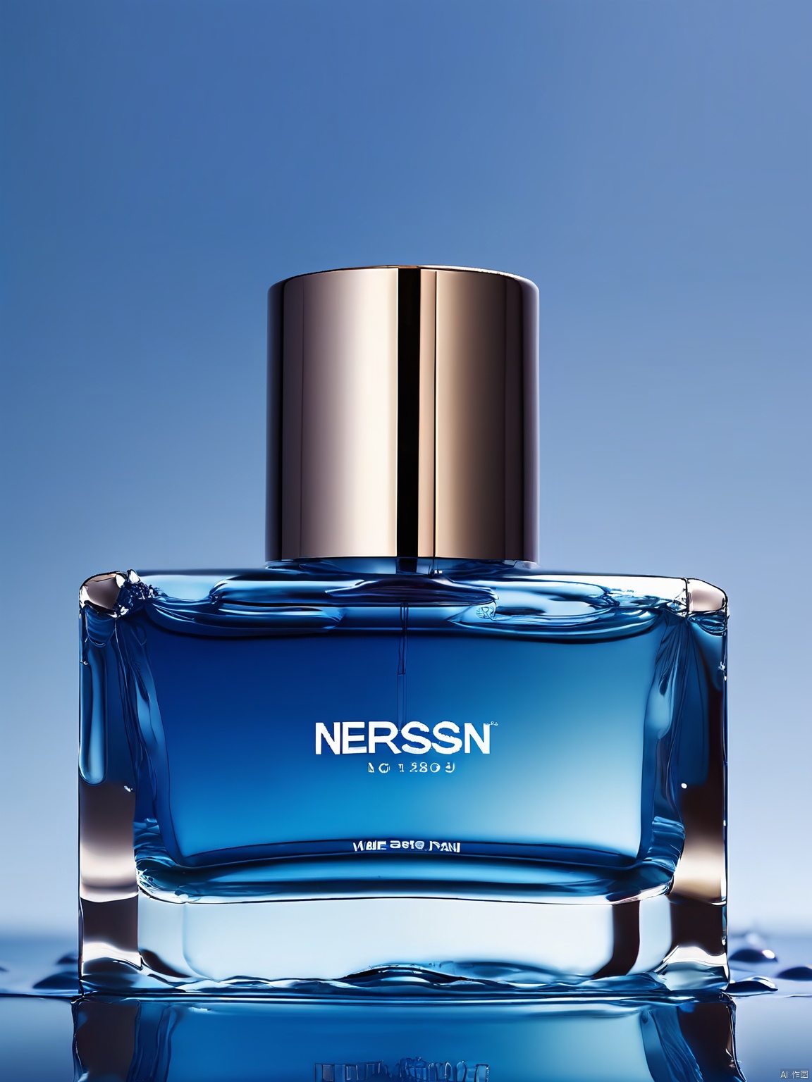 DSCJ, Photograph of a clear, square perfume bottle with a silver cap, filled with blue liquid, placed on a reflective surface with water droplets. The background is a gradient blue, with a shallow depth of field, keeping the bottle in sharp focus while the background is blurred. The bottle is centered, with the brand name "Nerdsd" and the text "Aqua Fresh" visible. The lighting is soft, highlighting the transparency of the liquid. The overall aesthetic is clean and modern.