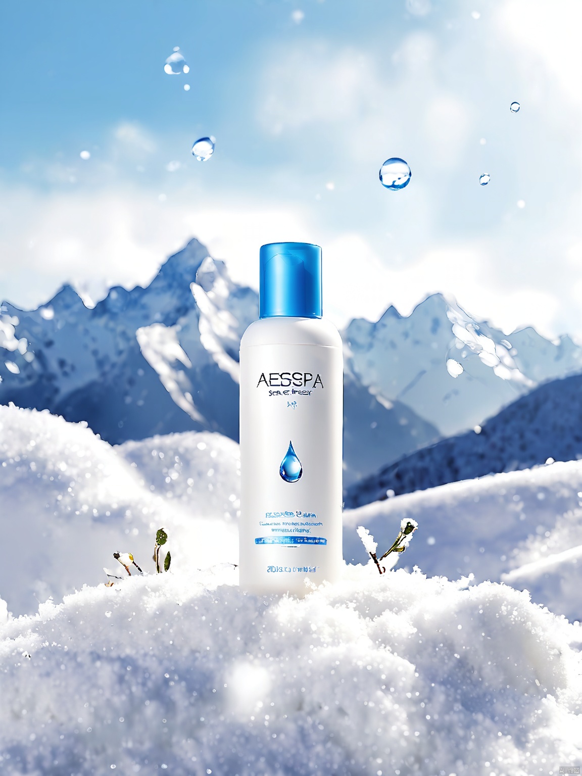 DSCJ, Photograph of a white bottle of skincare product labeled "Aespa" with a blue water droplet design. The bottle is positioned in the center of the image, surrounded by a snowy landscape with mountains in the background. The scene is serene and clean, with a shallow depth of field that keeps the background slightly blurred. The bottle is the focal point, with the snowy foreground and blue sky adding to the aesthetic. The product's name and features are prominently displayed on the label.