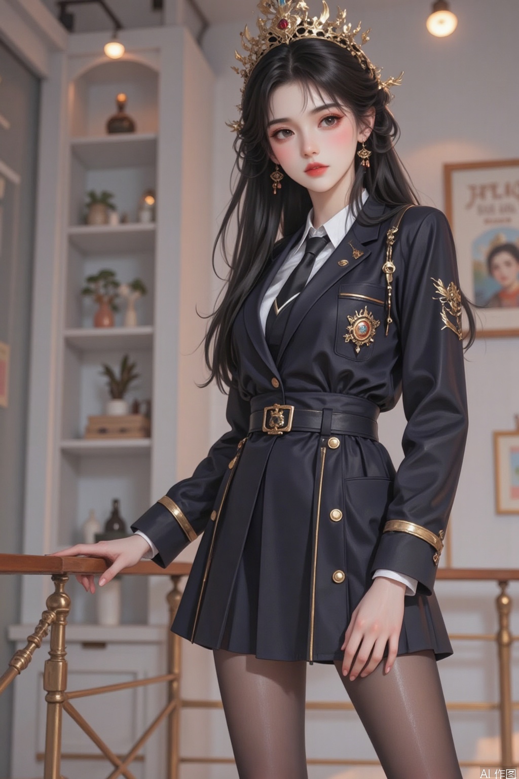 A stunning black-haired girl stands confidently in a full-body shot. Her long legs are showcased in high-waisted, shiny pantyhose. She wears a crisp JK school uniform, complete with a blazer and tie. The soft lighting highlights her porcelain skin and dark hair, while the composition emphasizes her striking figure.,gzn