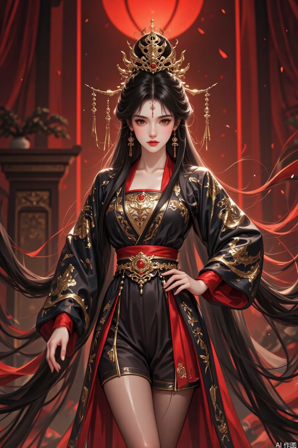 A stunning black-haired beauty stands confidently in a lavish Tang dynasty-inspired setting. She wears a traditional Hanfu dress with intricately embroidered patterns, paired with shiny pantyhose that accentuates her long legs. The soft focus and warm lighting highlight the delicate features of her face, while the golden accessories add a touch of regality to her overall demeanor.