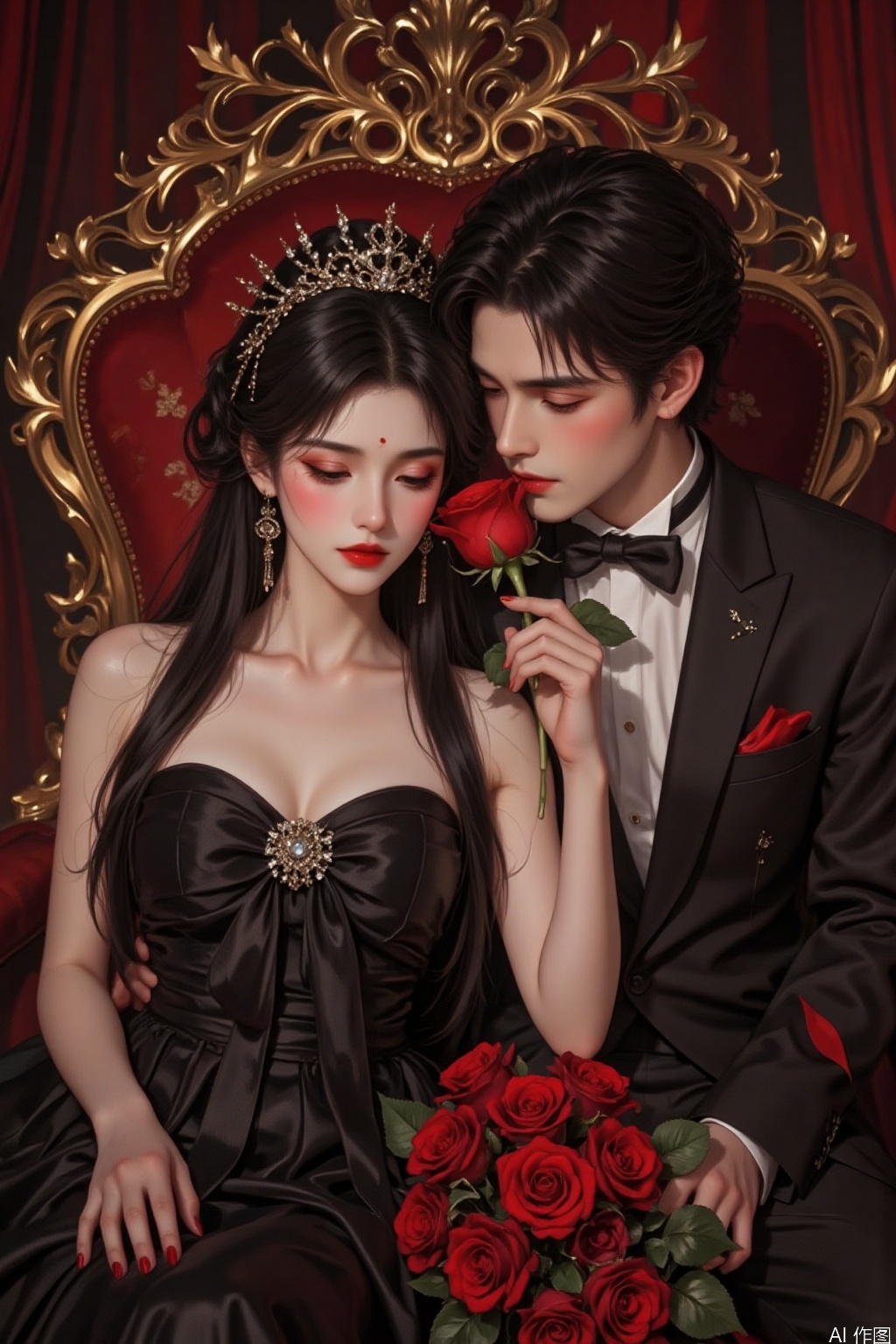 The image depicts a romantic scene with two individuals dressed in formal attire. The person on the left is wearing a black strapless dress adorned with a large bow and sparkling embellishments. They have long, dark hair styled elegantly, and their makeup is subtle yet striking, with red lipstick complementing their fair complexion. The person on the right is dressed in a black tuxedo with a white shirt and a black bow tie. They are holding a red rose close to their face, with their eyes closed in a serene expression. The background features a luxurious, ornate chair with gold accents, and a bouquet of red roses is placed beside the seated individuals. The overall atmosphere is elegant and intimate, suggesting a moment of quiet intimacy or a celebration.