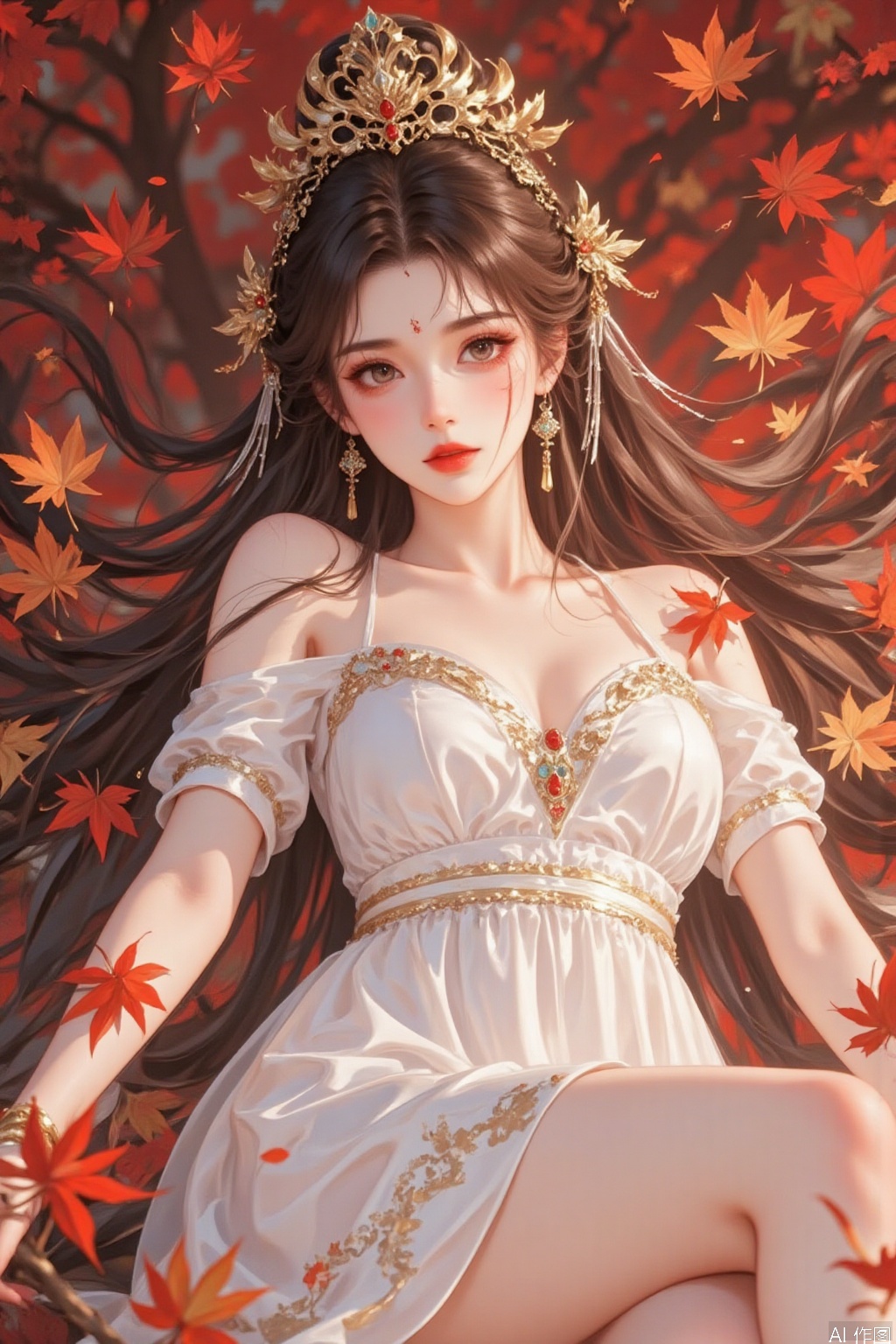 1girl, solo, long hair, breasts, looking at viewer, brown hair, hair ornament, dress, cleavage, bare shoulders, collarbone, flower, lying, hair flower, on back, white dress, lips, bare legs, feet out of frame, leaf, facial mark, forehead mark, red lips, autumn leaves, maple leaf