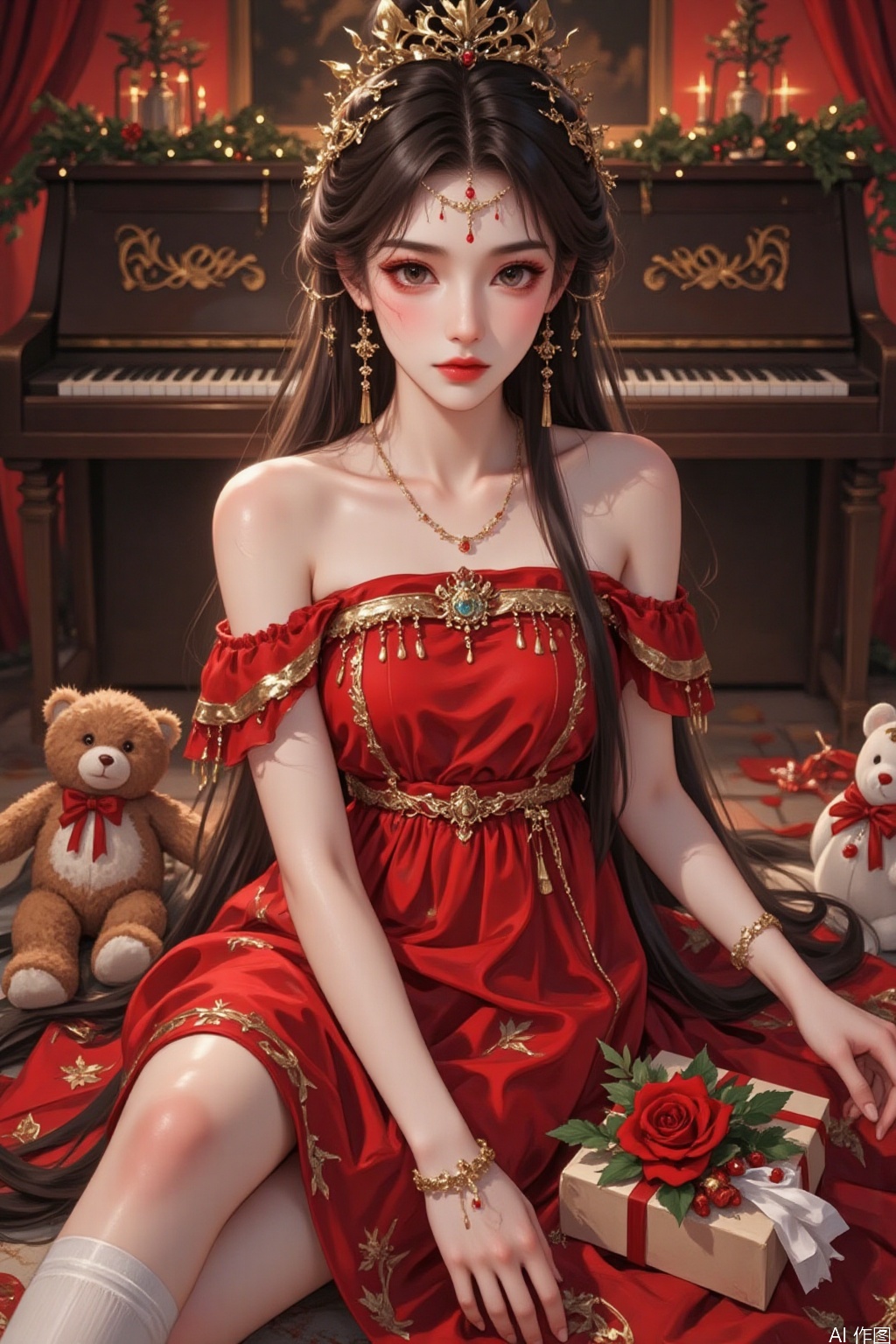 1girl, solo, long hair, looking at viewer, brown hair, dress, bare shoulders, brown eyes, jewelry, sitting, flower, earrings, socks, indoors, book, fur trim, strapless, stuffed toy, red dress, stuffed animal, white socks, instrument, box, christmas, strapless dress, gift, teddy bear, gift box, piano