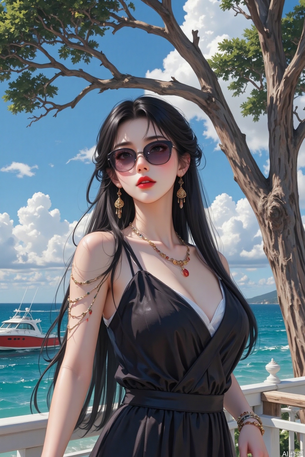 1girl, solo, long hair, breasts, looking at viewer, large breasts, black hair, dress, cleavage, bare shoulders, jewelry, standing, earrings, outdoors, sky, sleeveless, day, cloud, water, necklace, black dress, bracelet, tree, blue sky, makeup, sleeveless dress, ocean, sunglasses, lipstick, red lips, watercraft, boat